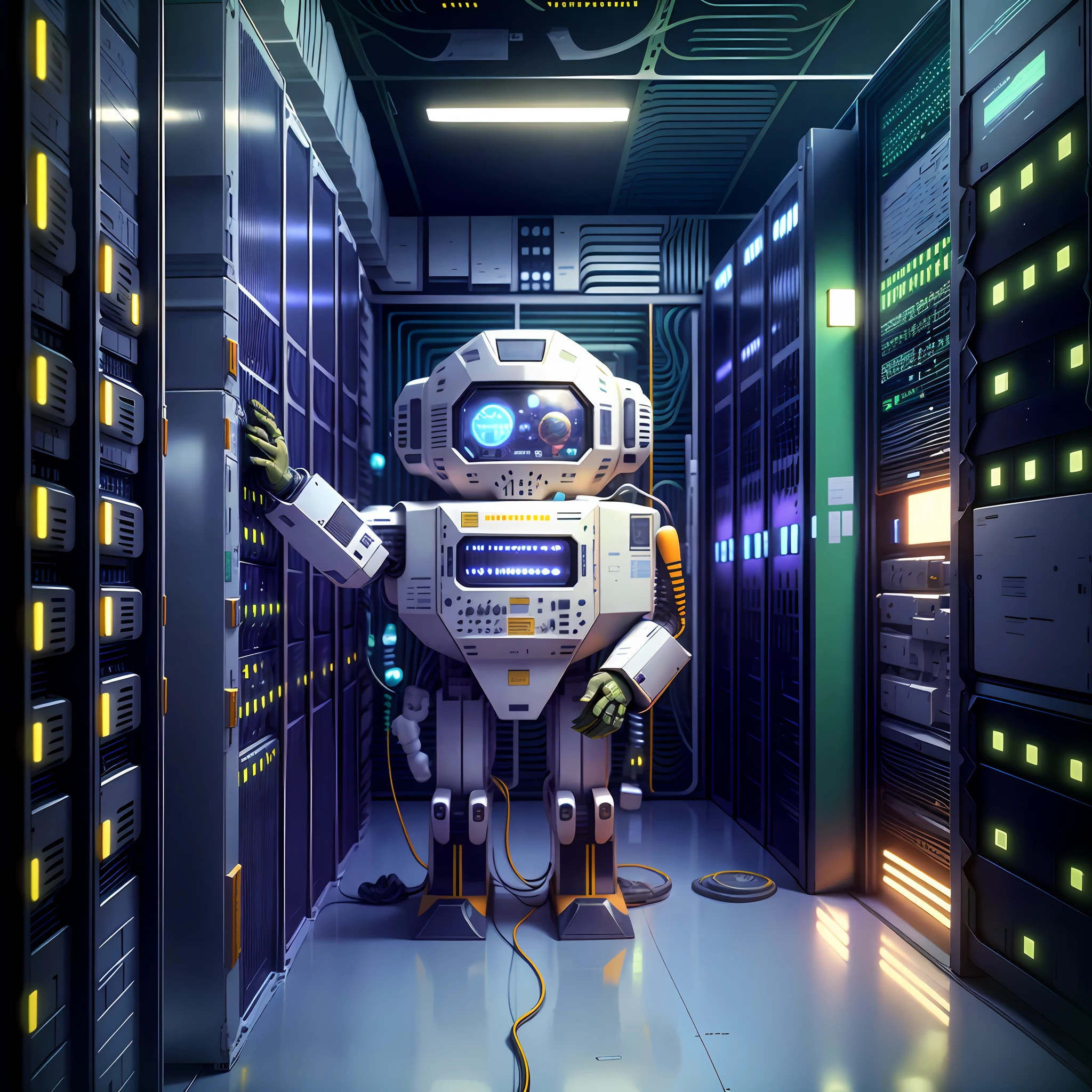 Um close up de uma linha de servidores em um Centro de dados, Data Center extraordinariamente detalhado, datacenter, Centro de dados, em Centro de dados detalhado, background is data server room, robot in a server room, em Centro de dados realista, supercomputador, Servidores, robot in the Data Center, Standing in a server room, em Centro de dados, mining --auto --s2