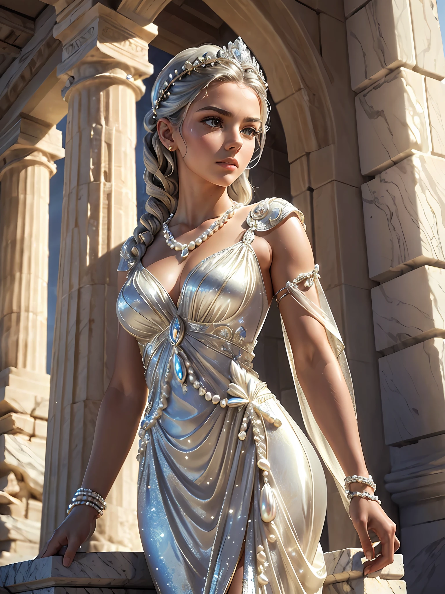 (masterpiece), (best quality), ((ultra-detailed)), (highly detailed analog style photo), natural lighting, photorealistic, extremely beautiful young lady in the marble rocks, dramatic pose, intricate detailed silver glittering ancient greek style pearl dress, shining, gloss, crisp, flirty, epic, focus, artistic, very bright, intricate hairstyle, pattern, bas-relief, cinematic shot