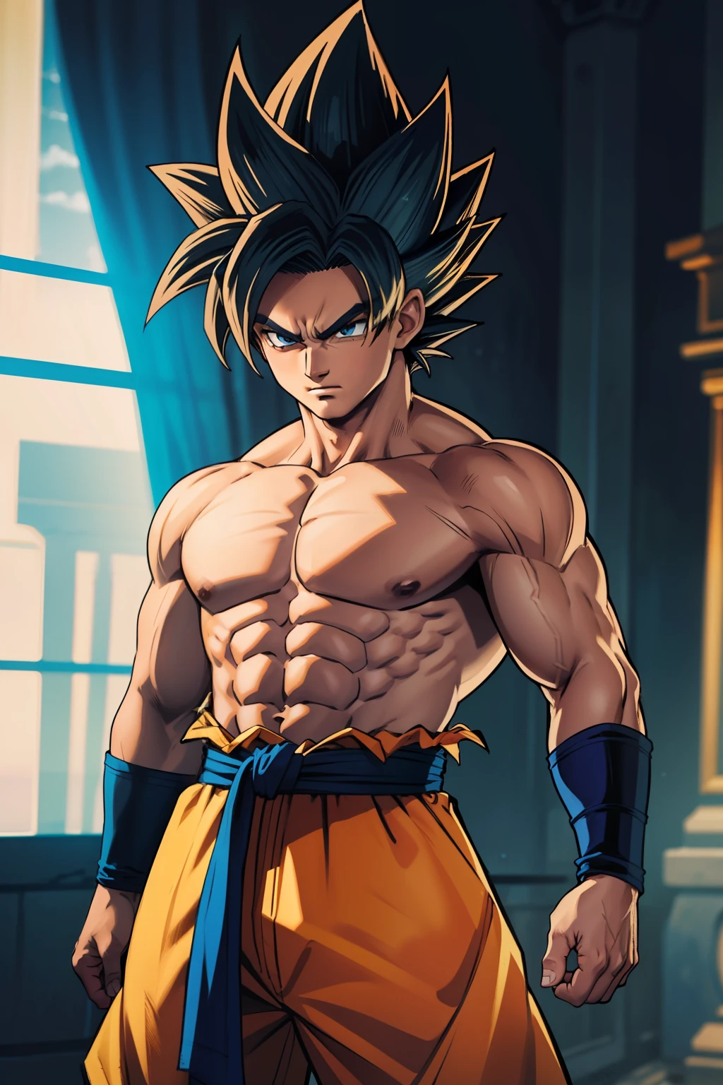 (obra-prima, melhor qualidade), detalhes intrincados, 8k, artstation, papel de parede, arte oficial, splash art, tempestade no fundo, foco nítido, 1boy, (fotorrealista: 1.2) (bokeh) (melhor qualidade) (pele detalhada: 1.3) (detalhes intrincados) (8k) (olhos detalhados) (foco nítido) son goku, irritado, dano de batalha, cabelo loiro, faixa azul, dentes cerrados, furioso, olhos verdes, foco masculino, muscular, masculino musculoso, peitorais, faixa, solo, cabelo cravado, super saiyajin, super saiyajin blue, dentes, topless masculino, roupas rasgadas, pulseira,