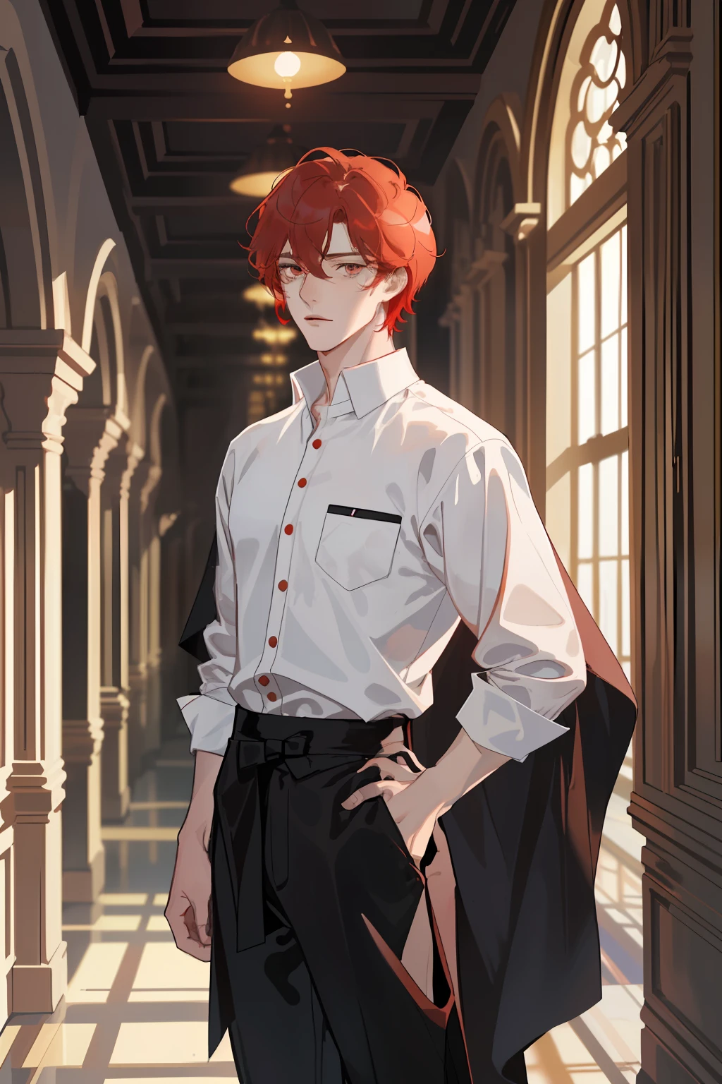 A tall guy with a slim physique. Light red hair of medium length (Not red), brown eye. beatiful face, pretty eyes. A guy in a school uniform, white  shirt, black pant, Dressed in a black robe. A guy stands in a dark corridor of a stone castle. dim lighting. dynamicpose. Detailed background, A detailed eye.