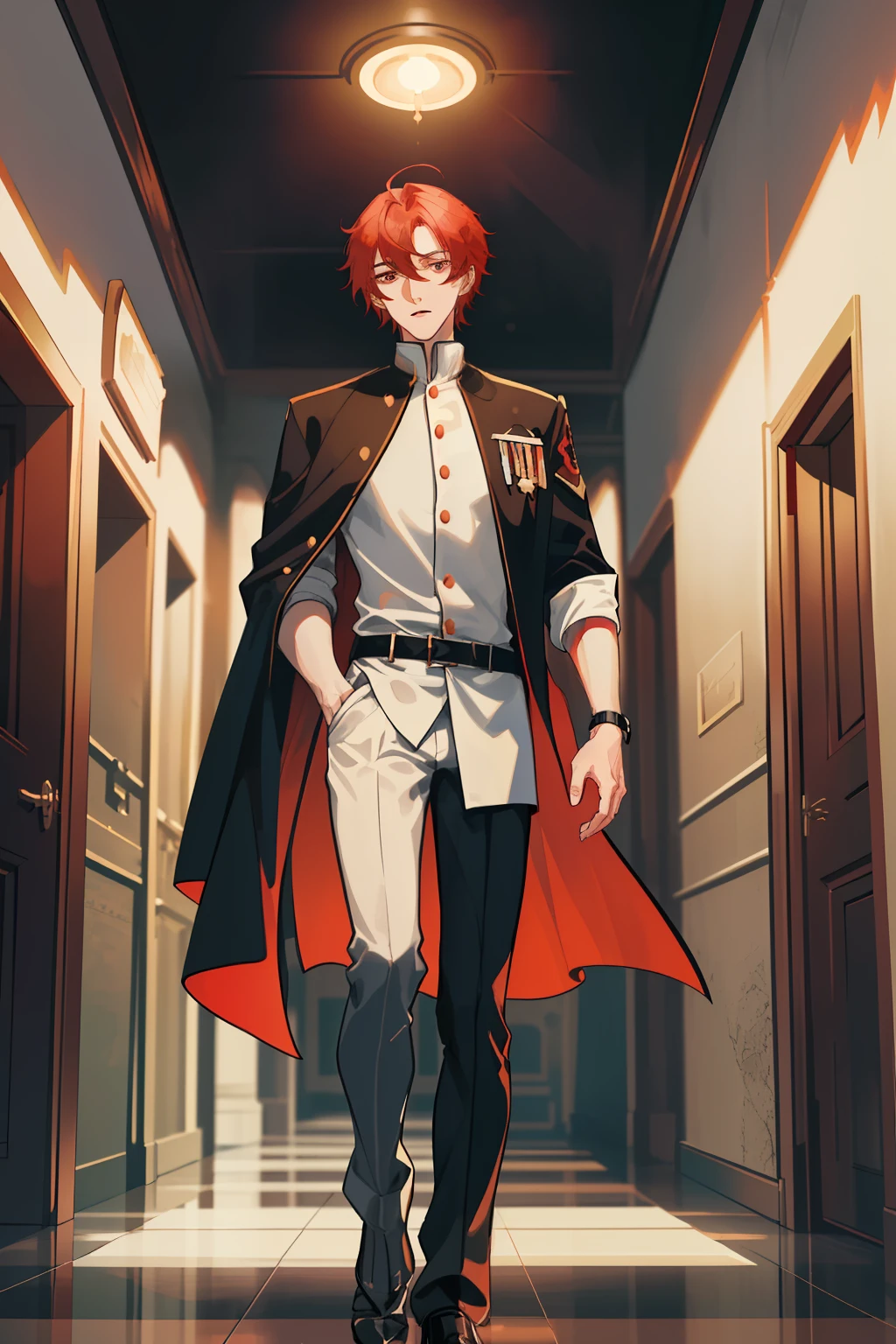 A tall guy with a slim physique. Light red hair of medium length (Not red), brown eye. beatiful face, pretty eyes. A guy in a school uniform, white shirt, black pant, Dressed in a black robe. A guy stands in a dark corridor of a stone castle. dim lighting. dynamicpose. Detailed background, A detailed eye.