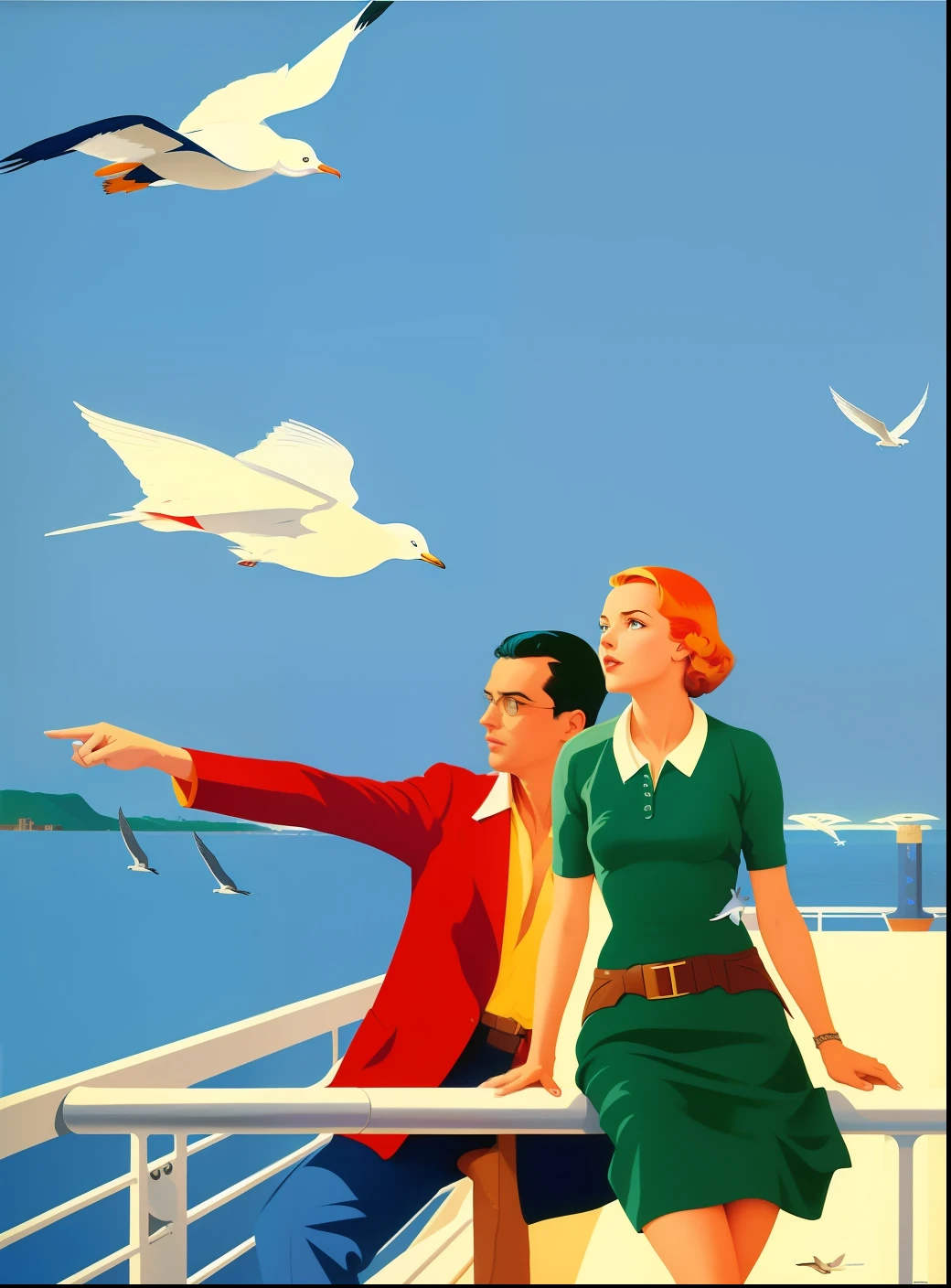 There is a poster of a couple on a boat with seagulls flying overhead., cartaz de viagem, Nelson Kenton, Directed by: Pruett Carter, angus mcbride, Laurent Durieux, Otto Schmidt, Directed by: Herbert Bayer, funil ed, Directed by: Emiliano Ponzi, inspirado em Robert Ballagh, Cartaz Art Deco, Directed by: Robert Ballagh, Joe Webb, retro poster