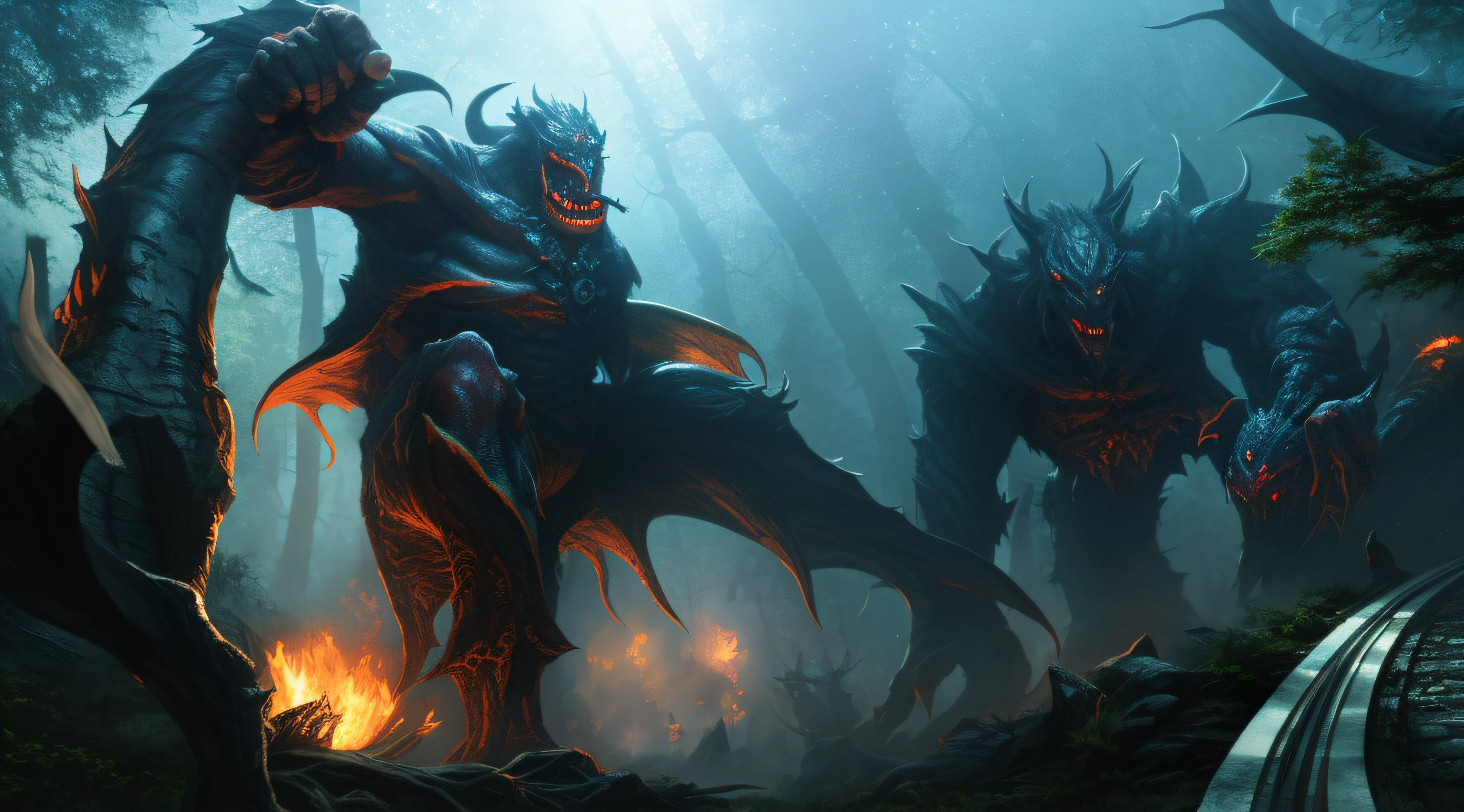 demonic creatures in a forest with a passing train, d & D Arte Digital Fantasia, Arte de fantasia 4k, d & d fantasia pintura digital, arte de fundo, epic fantasy game art, arte de fantasia sombria, Epic Fantasy Digital Art Style, fantasy epic digital art, epic fantasy art, epic fantasy sci fi illustration, an ominous fantasy illustration, Arte de fantasia 8k