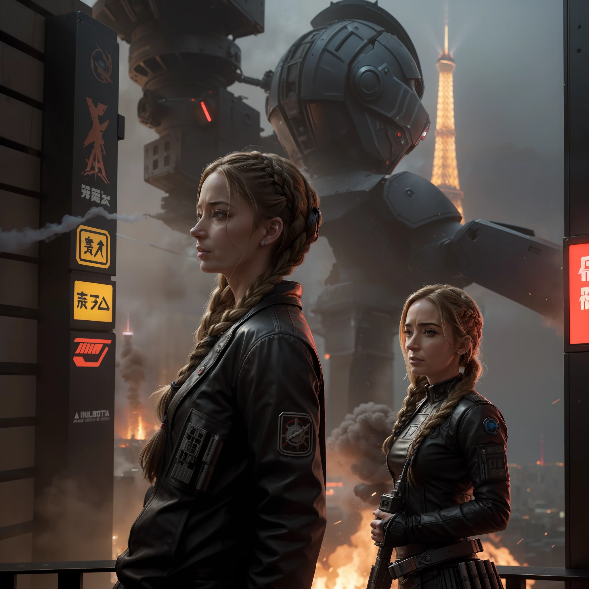 Emily Blunt (Dutch braided hair) com armadura Evangelion destroy robot com um soco violento, dinamic poses, olhar serio, Combates intensos, foto de corpo inteiro, Cyberpunk, mega tokyo, Fires and smoke, Nokia camera, modelshoot, corpo atletico, Post-apocalyptic Paris, torre Eiffel destruida