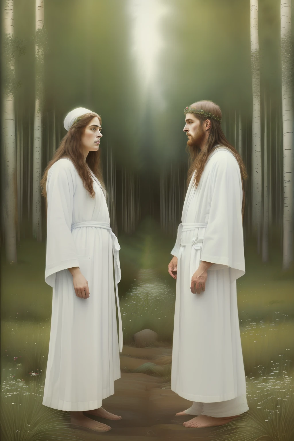 (((Pre-Raphaelite Celtic painting of two druids in white robes in a forest of quivering poplars, floresta, tons suaves, paisagem celta irlanda)))