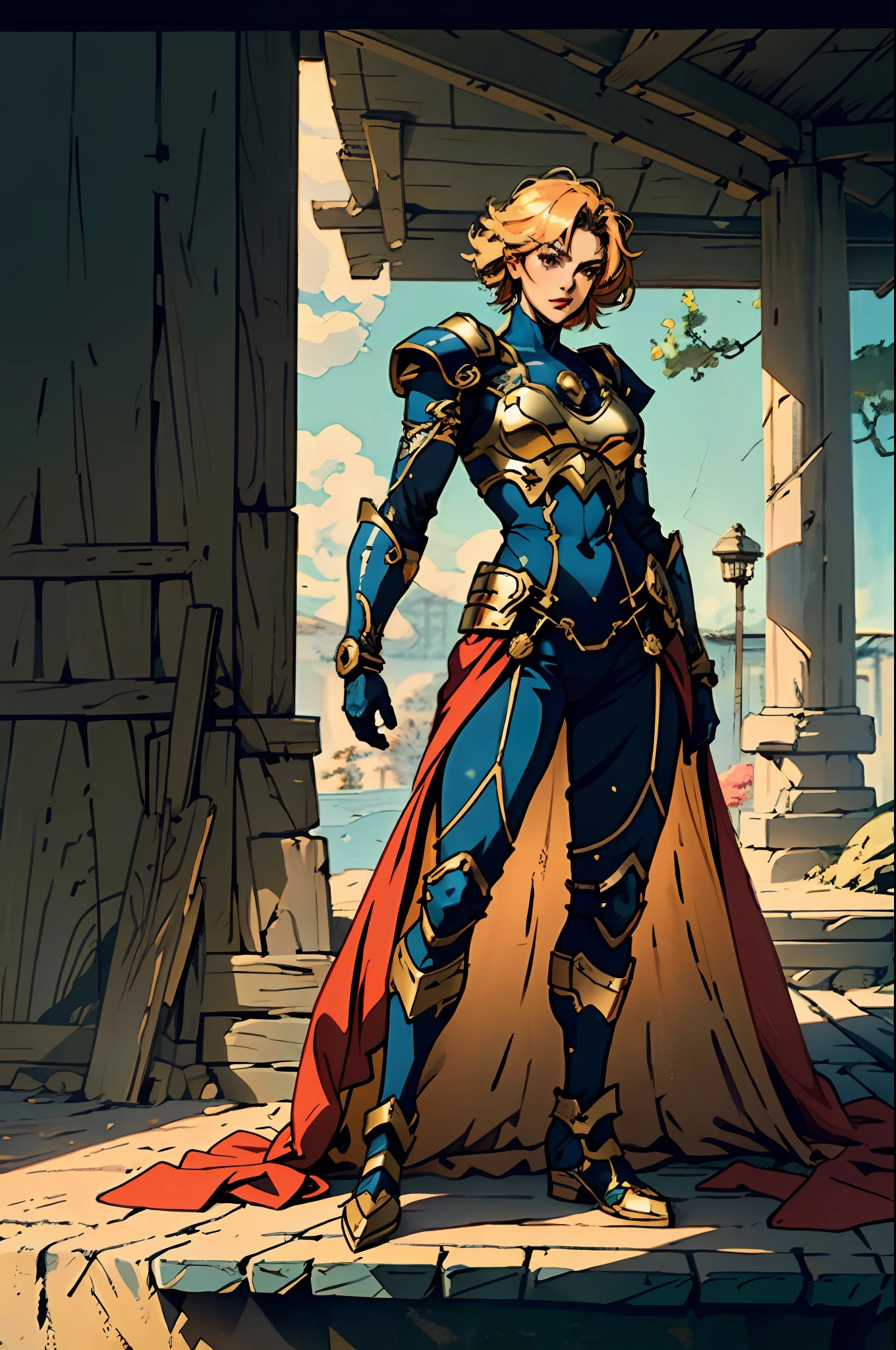 A female character dressed in a full-body suit of fantasy-style armor, with a helmet that exposes her eyes, the armor shines in a vibrant golden color, complemented by accents of red and blue, she exudes an aura of nobility, she embodies a fantasy-style armored hero with a Japanese anime-inspired design, with intricate character design and a mature artistic style, ((character concept art)), full body character drawing, metallic, high definition, best quality, ultra-detailed, extremely delicate, anatomically correct, symmetrical face, extremely detailed eyes and face, high quality eyes, creativity, RAW photo, UHD, 8k, (Natural light, professional lighting:1.2, cinematic lighting:1.5), (masterpiece:1.5)