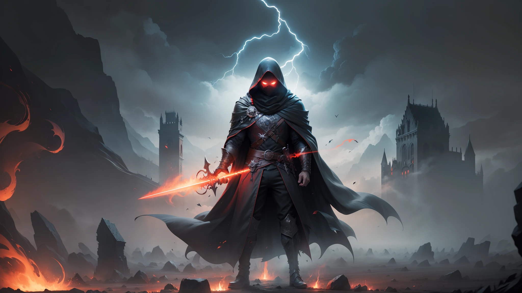 official art, unity 8k wallpaper, ultra detailed, beautiful and aesthetic, beautiful, masterpiece, best quality, Dark, atmospheric, mystery, romanticism, macabre, literature, art, fashion, Victorian, ornamental, intricate, ironwork, lace, brooding, emotional depth, supernatural, (ultra Detailed scene) , (masterpiece) , man standing on cliff , long black hooded robe , have scary mask , no face , a great and big sword on left hand ,darkness magic sword glowing red , blazing left hand , right hand has darkness magic orb , and darkness magic twirling him , , mist , ultra high detailed scene , a big rock at the back ground , rock has red glowing ruin , darkness magic controlling , one hand on fire the other on darkness magic , heavy mist , dark horror scene , heavy black mist spinning him , blazing hand heavy pitch black smoke arising from him , hundred dark red glowing orb around him , view from back , dark mist around him , blazing sword , horror landscape , red moon , lightning from sky behind the scary tower