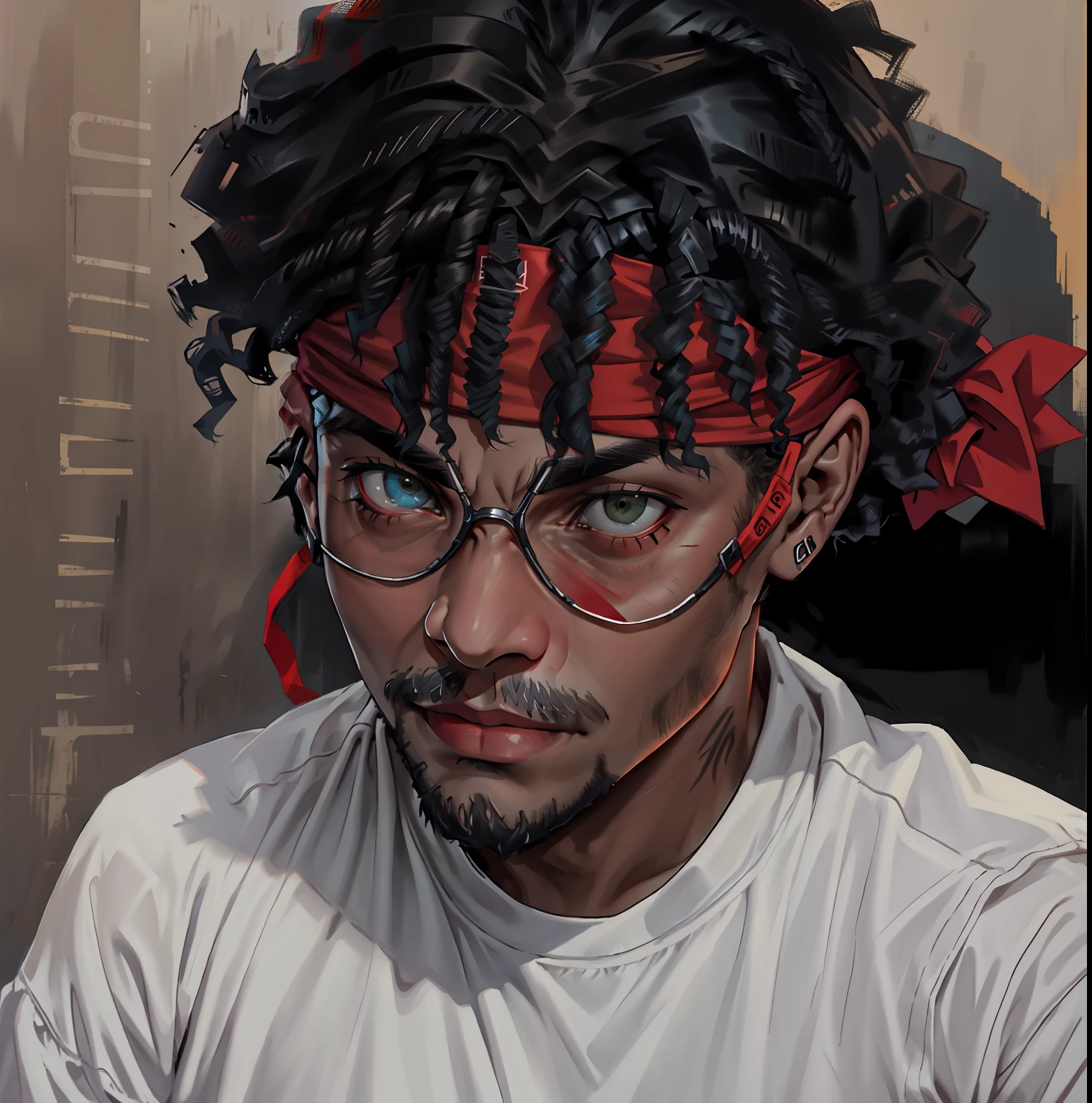 There's a man with a red bandana on his head, Streamer do Twitch / Jogador Ludwig, head shoot, ((vermelho)) olhos baggy, wearing a red backwards cap, halfbody headshot, curls on top of his head, foto de perfil headshot, xxxtentacion, 1 / 2 headshot, taken in the early 2020s, 1 / 4 headshot