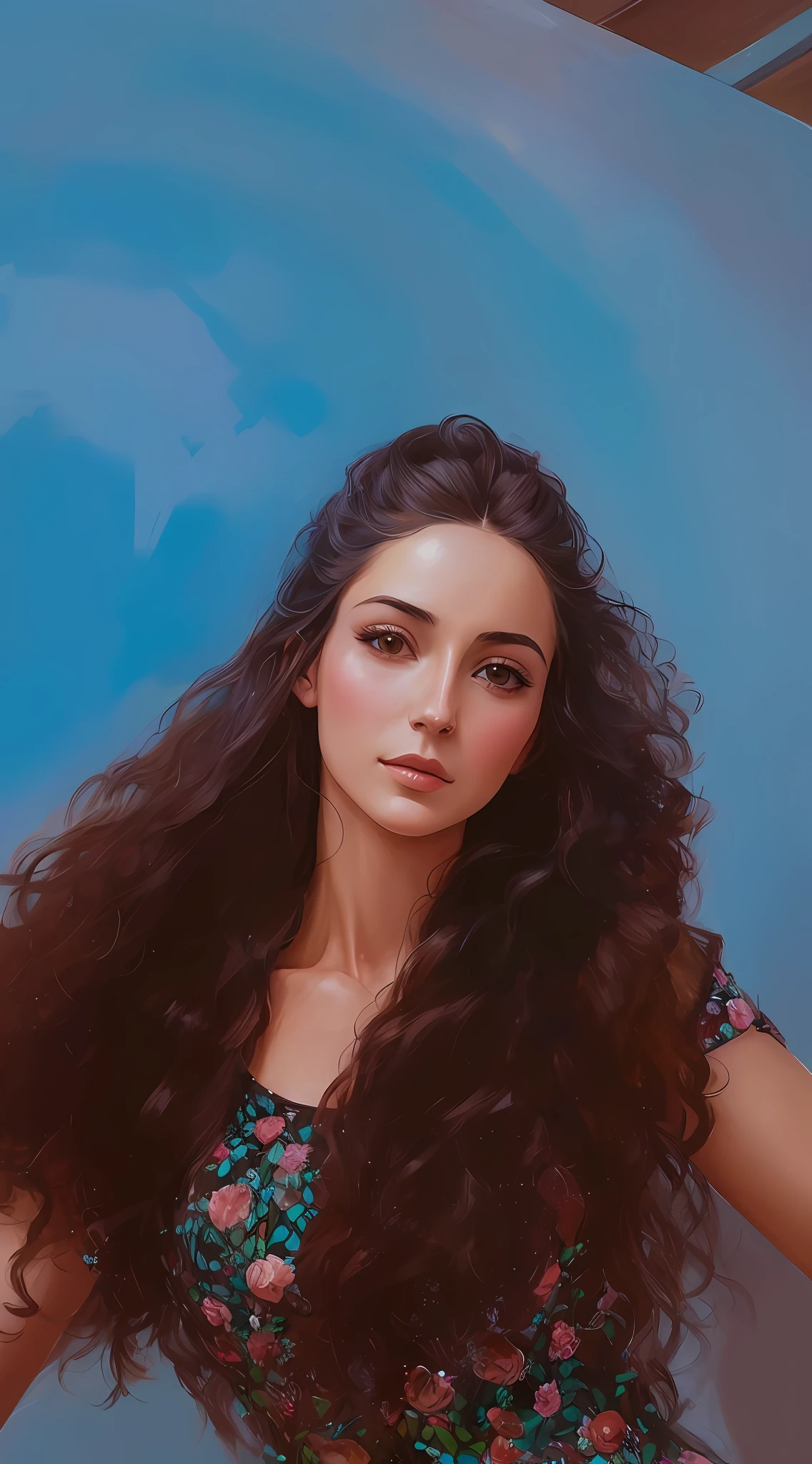 pintura de uma mulher com longos cabelos escuros e um vestido floral, oil painting of realistic woman, No estilo de arte de Bowater, Ilya Kuvshinov com cabelo longo, pintura digital realista, lindo pintura digital, pintura realista da bonito, retrato bonito detalhado, retrato de alta qualidade, pintura digital bonita, arte digital altamente realista, pintura digital ultra realista