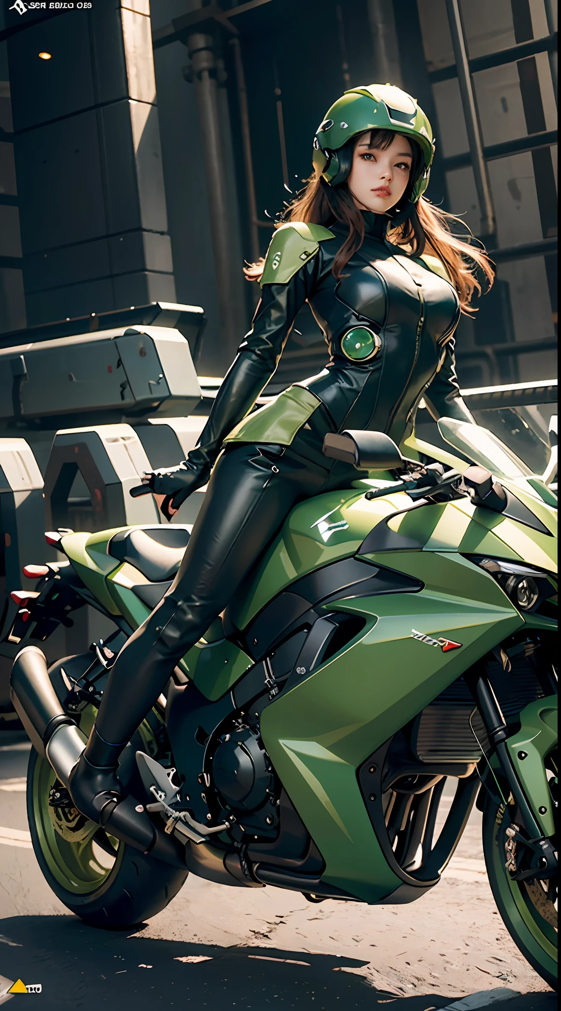 Highest image quality, outstanding details, ultra-high resolution, (realism: 1.4), the best illustration, favor details, highly condensed 1girl, with a delicate and beautiful face, dressed in a black and green mecha, wearing a mecha helmet, holding a directional controller, riding on a motorcycle, the background is a high-tech lighting scene of the future city.