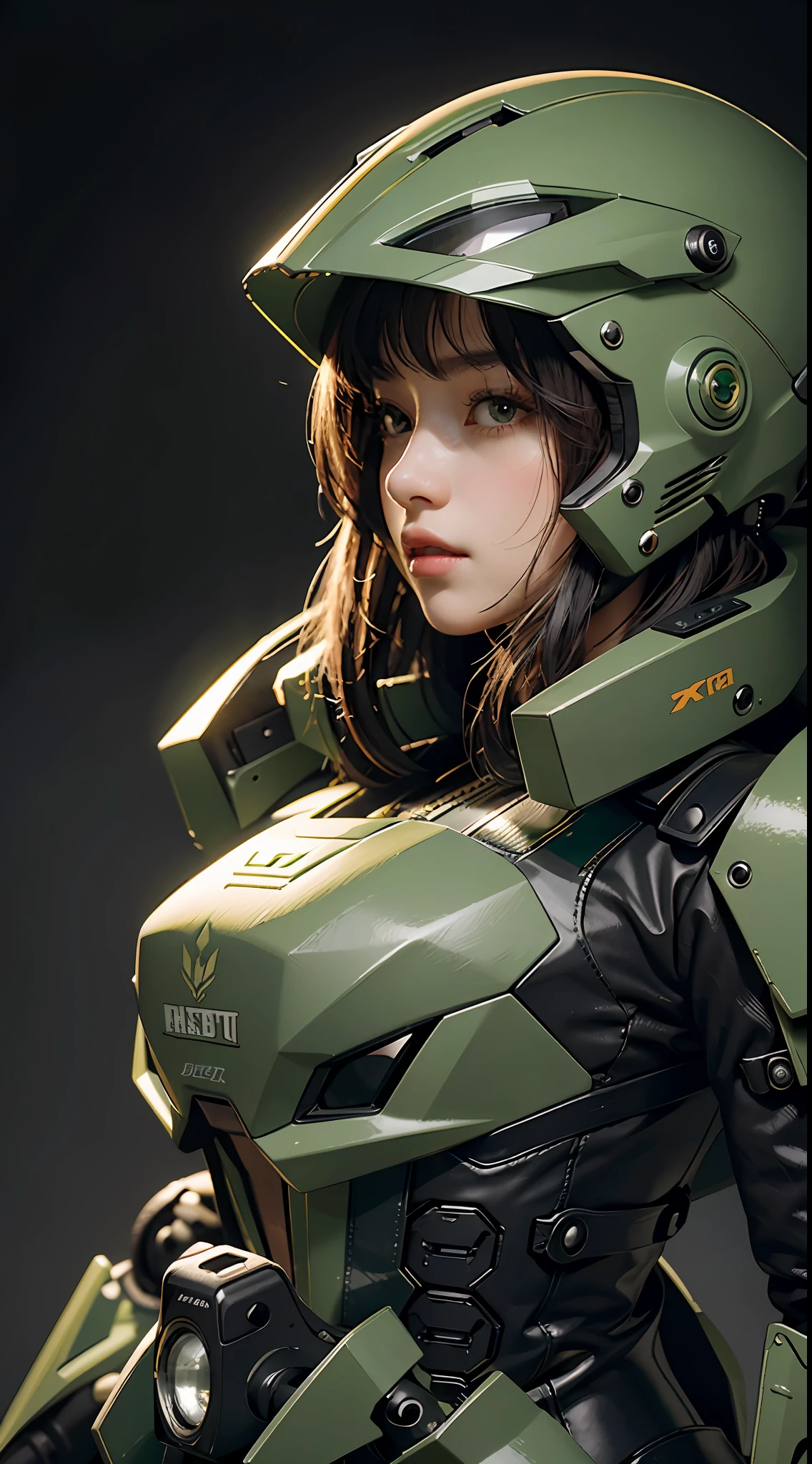 Highest image quality, outstanding details, ultra-high resolution, (realism: 1.4), the best illustration, favor details, highly condensed 1girl, with a delicate and beautiful face, dressed in a black and green mecha, wearing a mecha helmet, holding a directional controller, riding on a motorcycle, the background is a high-tech lighting scene of the future city.