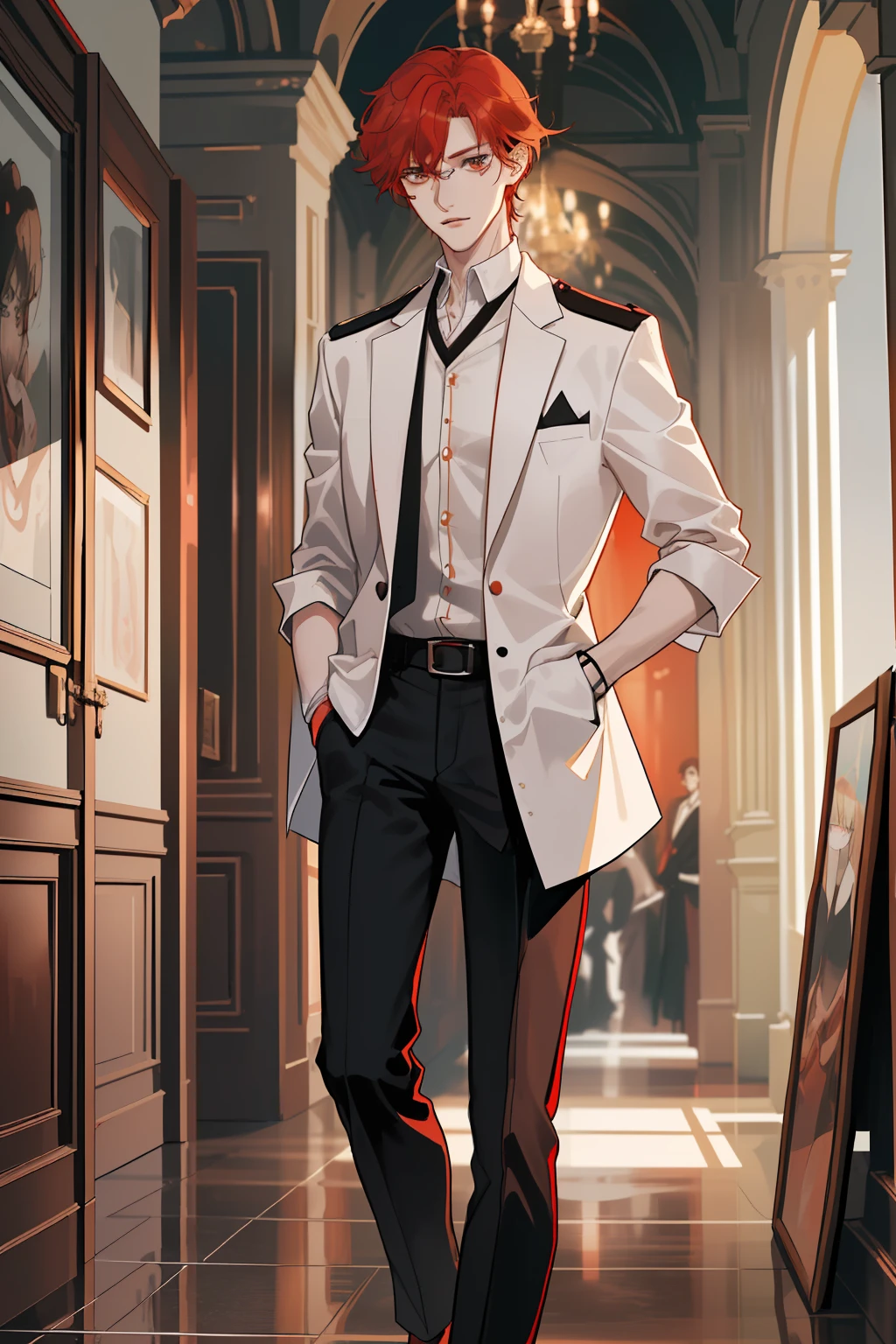 A tall guy with a slim physique. Light red hair of medium length (Not red), brown eye. beatiful face, pretty eyes. A guy in a school uniform, white shirt, black pant, Dressed in a black robe. A guy stands in a dark corridor of a stone castle. dim lighting. dynamicpose. Detailed background, A detailed eye. Brown eyes.