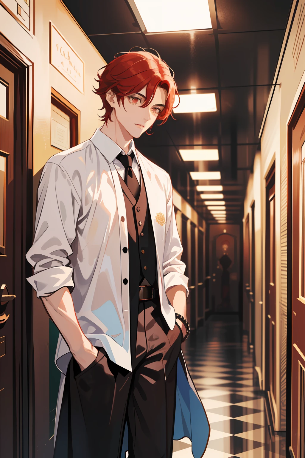 A tall guy with a slim physique. Light red hair of medium length (Not red), brown eye. beatiful face, pretty eyes. A guy in a school uniform, white shirt, black pant, Dressed in a black robe. A guy stands in a dark corridor of a stone castle. dim lighting. dynamicpose. Detailed background, A detailed eye. Brown eyes.