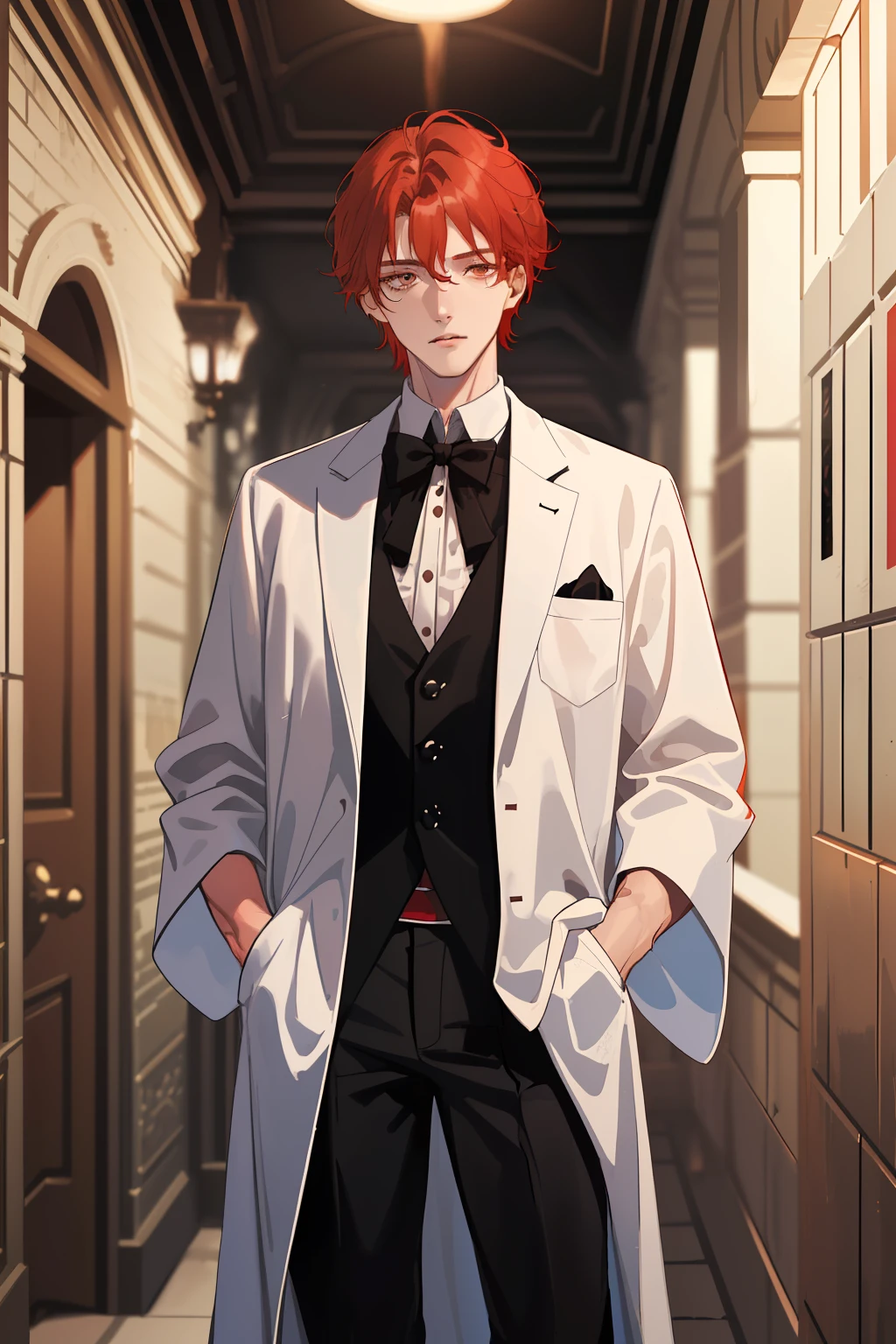 A tall guy with a slim physique. Light red hair of medium length (Not red), brown eye. beatiful face, pretty eyes. A guy in a school uniform, white shirt, black pant, Dressed in a black robe. A guy stands in a dark corridor of a stone castle. dim lighting. dynamicpose. Detailed background, A detailed eye. Brown eyes.