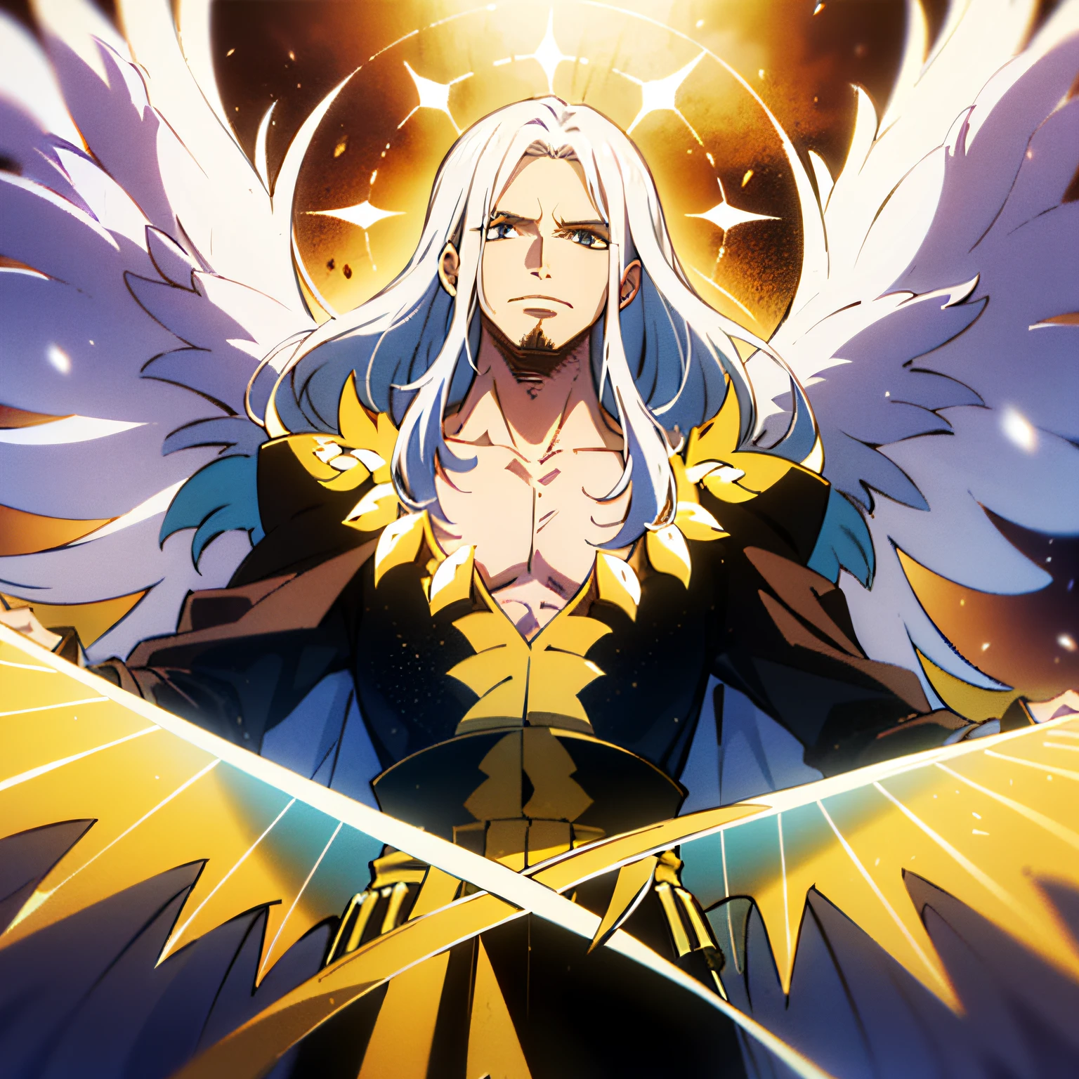 (a man with long white hair:1.2, celestial aspect:1.2, white-golden wings:1.1) on a simple background, upper body
