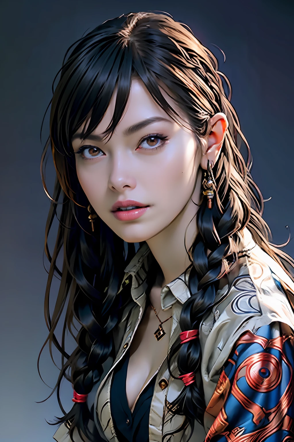 Ultra-detailed complex 3D rendering of face, (Colossal: 8.8), (masterpiece, top quality, octane rendering, 8K), glamour shot full body image, very beautiful young elf, cleavage, (very detailed skin: 1.2), (exposure: 1.1), brown-haired, ((wearing a plummeted open shirt of white silk: 1.10)), beautiful Caucasian woman with black skin with full soft breasts with big buttocks, Single, long braided hair, big breasts, dynamic angle, mystical expression, ultra-realistic photo, (((portrait)))), bare feet, futuristic urban background, facial muscles, detailed and beautiful queen gold crown, in the style of Marvel Comics, ArtStation trends, clear focus, studio photography, intricate details, very detailed, detailed red eyes, very detailed, Sharp Focus, Digital Rendering, Professional, Abs, Dark Grey Background,