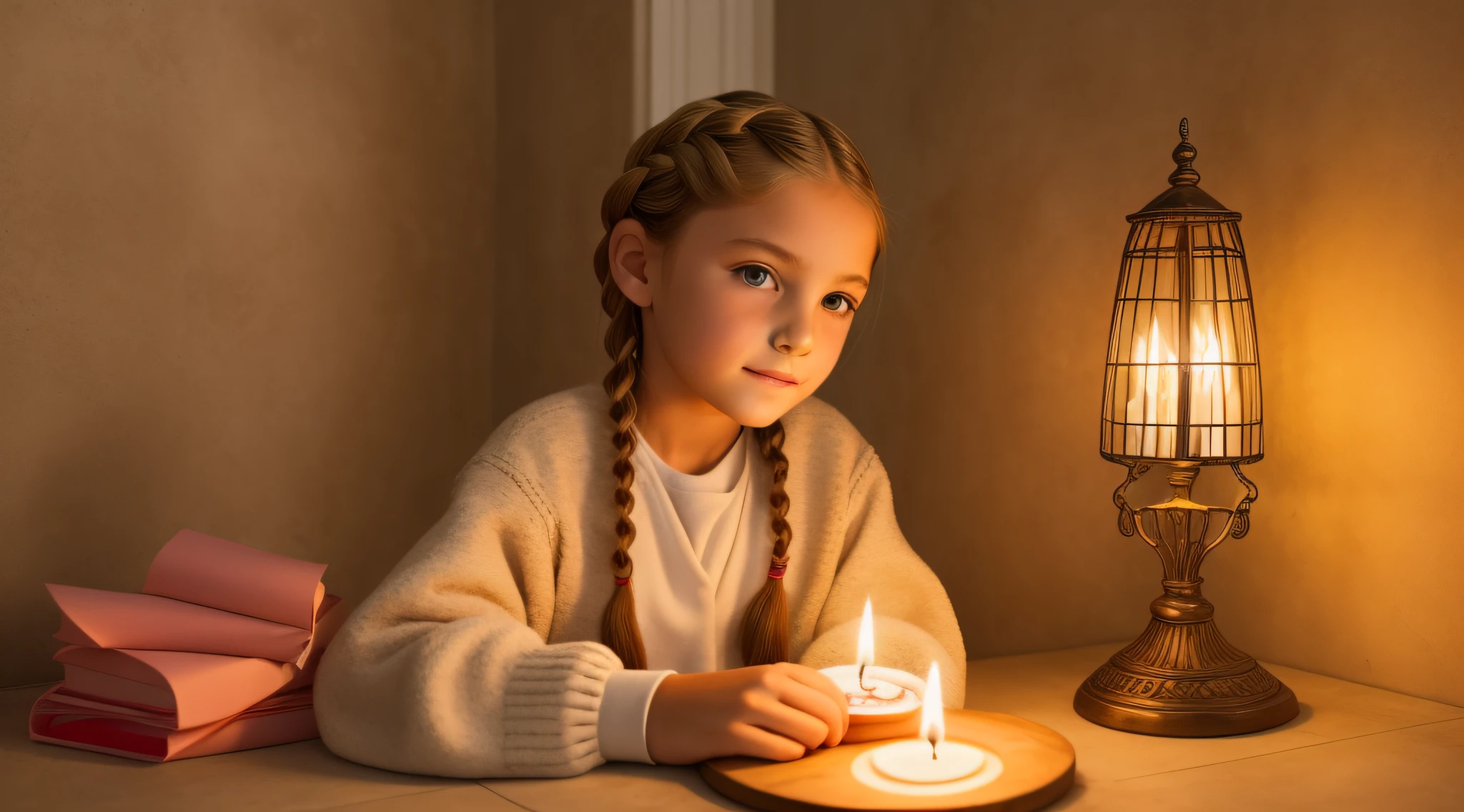 girl CHILD , Russian blonde in braids, JAQUETA DE COURO AMARELA, VELAS VERMELHAS ACESAS.