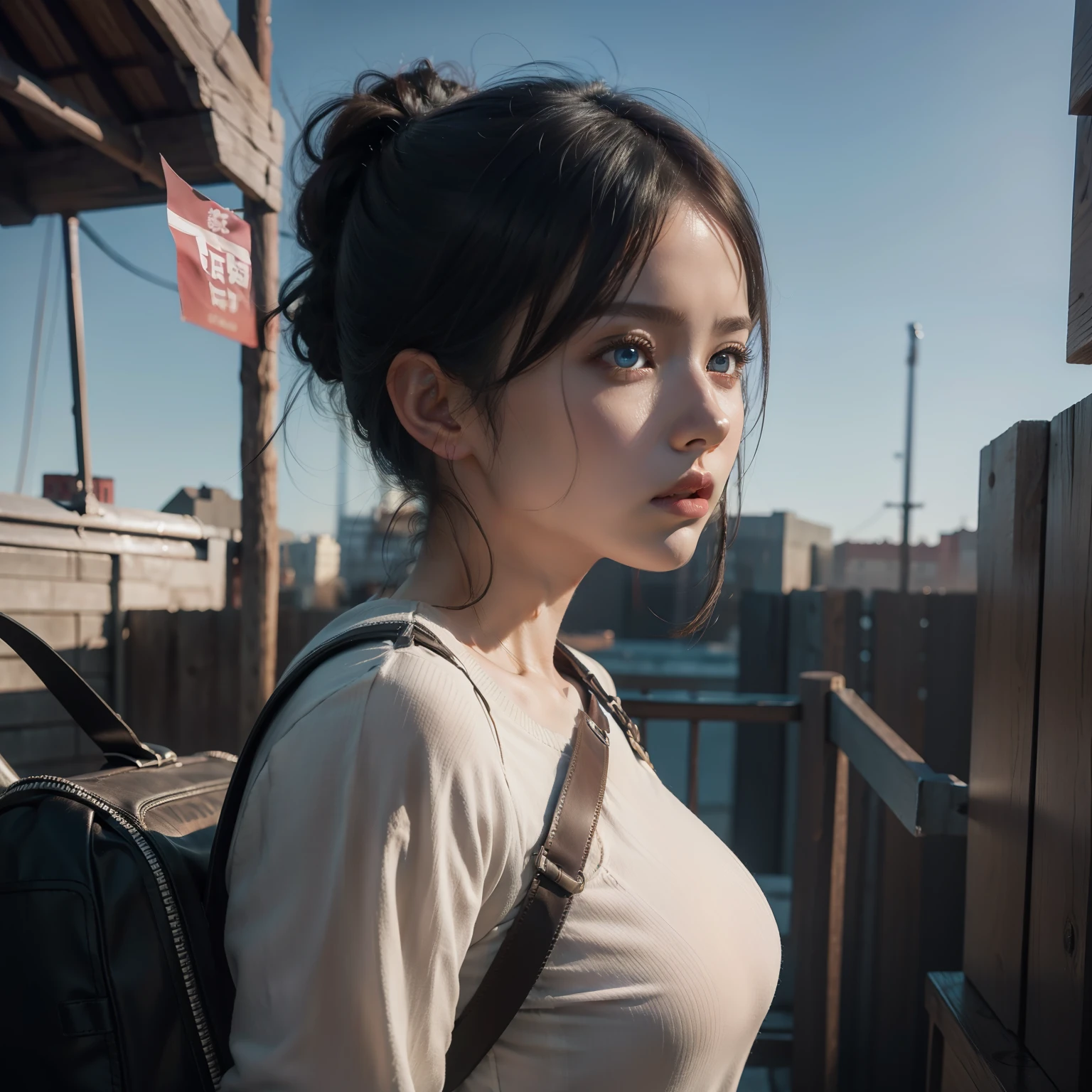 One girl , short hear , blue eye , attack on titan,