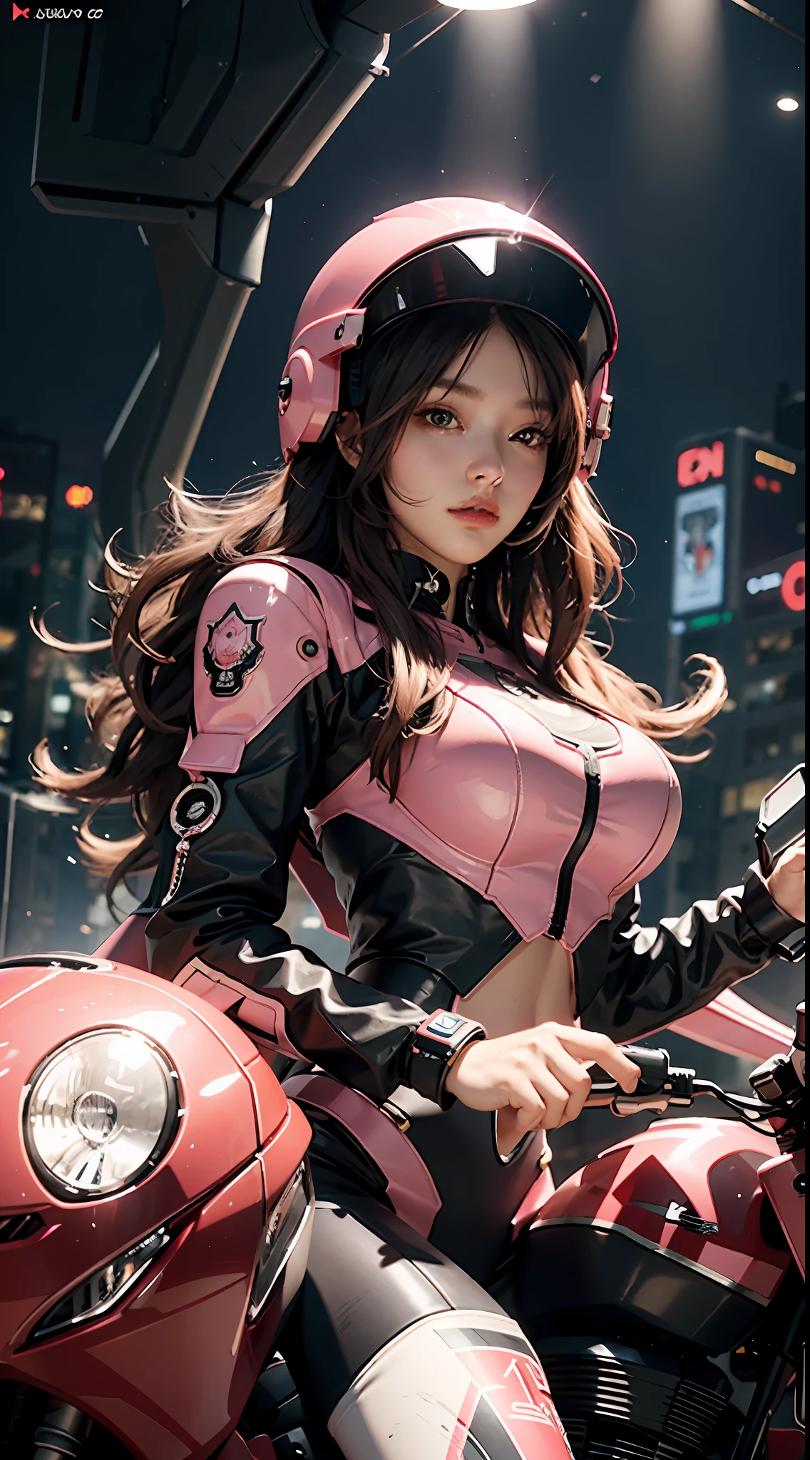 Highest image quality, outstanding details, ultra-high resolution, (realism: 1.4), the best illustration, favor details, highly condensed 1girl, with a delicate and beautiful face, dressed in a black-pink mecha, wearing a mecha helmet, holding a direction controller, riding on a motorcycle, the background is a high-tech lighting scene of the future city.