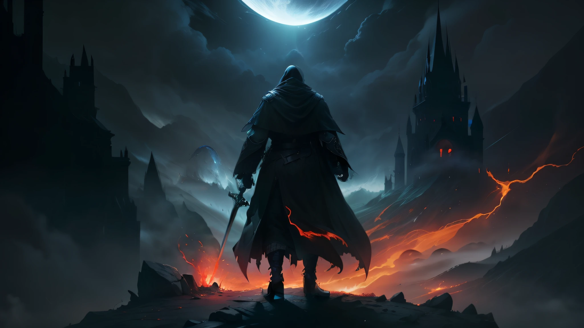 official art, unity 8k wallpaper, ultra detailed, beautiful and aesthetic, beautiful, masterpiece, best quality, Dark, atmospheric, mystery, romanticism, macabre, literature, art, fashion, Victorian, ornamental, intricate, ironwork, lace, brooding, emotional depth, supernatural, (ultra Detailed scene) , (masterpiece) , man standing on cliff , long black hooded robe , have scary mask , no face , a great and big sword on left hand ,darkness magic sword glowing red , blazing left hand , right hand has darkness magic orb , and darkness magic twirling him , , mist , ultra high detailed scene , a big rock at the back ground , rock has red glowing ruin , darkness magic controlling , one hand on fire the other on darkness magic  , heavy mist , dark horror scene , heavy black mist spinning him , blazing hand heavy pitch black smoke arising from him , hundred dark red glowing orb around him , view from back , dark mist around him , blazing sword , horror landscape , red moon , lightning from sky behind the scary tower