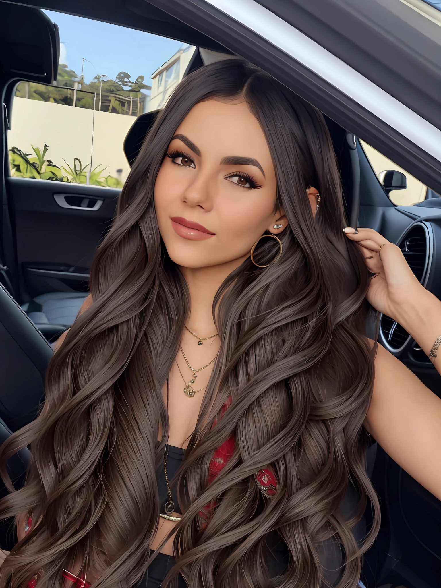 Mulher branca, cabelo preto, cabelo longo, olhos castanhos, cabelos ondulados, alta qualidade, foto realista, foto no carro,