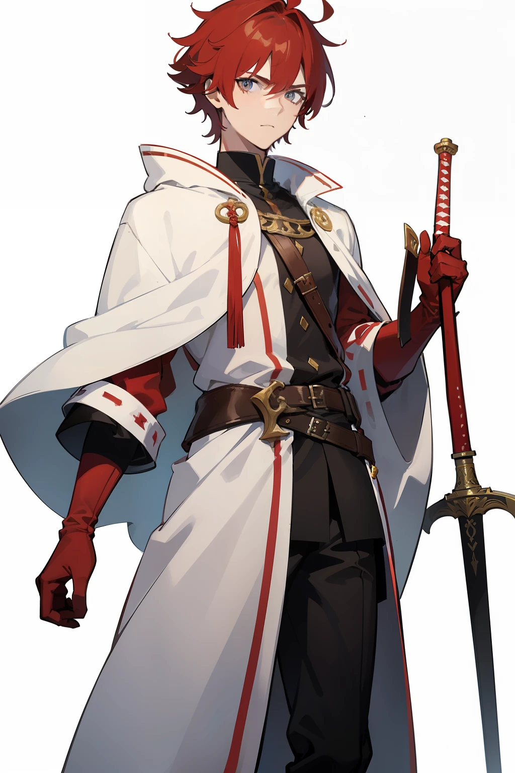 Male, 16 years old, tall, HAIR: short red, handsome, EMOTION: surprised, Clothing: Completely white long robe with no details, front camera, white background, holding a heavy sword in his hand