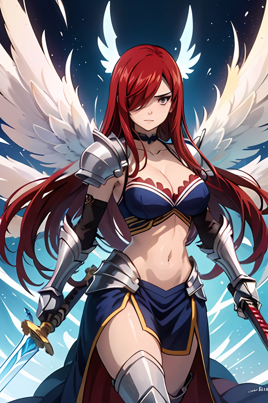 1girl, solo, erza scarlet, fairy tail, red hair, brown eyes, breasts, weapon, navel, sword, holding, long hair, armor, cleavage, hair over one eye, dual wielding, wings, large breasts, midriff, choker, looking at viewer, gauntlets, holding weapon, holding sword,full body