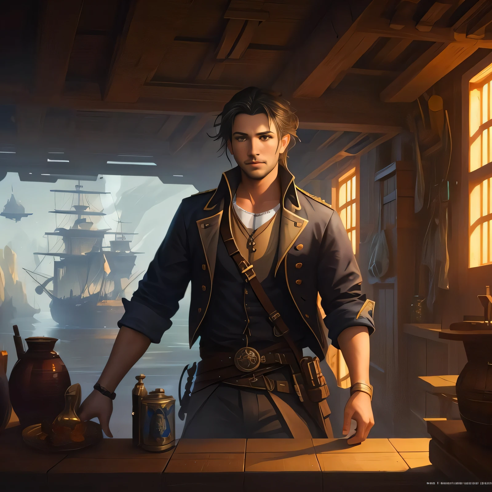 model shoot photo of a 37 year old male pirate, in a pirate ship cargo hold, modelshoot style, (extremely detailed CG unity 8k wallpaper), photo of the most beautiful artwork in the world, professional majestic oil painting by Ed Blinkey, Atey Ghailan, Studio Ghibli, by Jeremy Mann, Greg Manchess, Antonio Moro, trending on ArtStation, trending on CGSociety, Intricate, High Detail, Sharp focus, dramatic, photorealistic painting art by midjourney and greg rutkowski, (detailed pupils:1.3), (brightly lit)