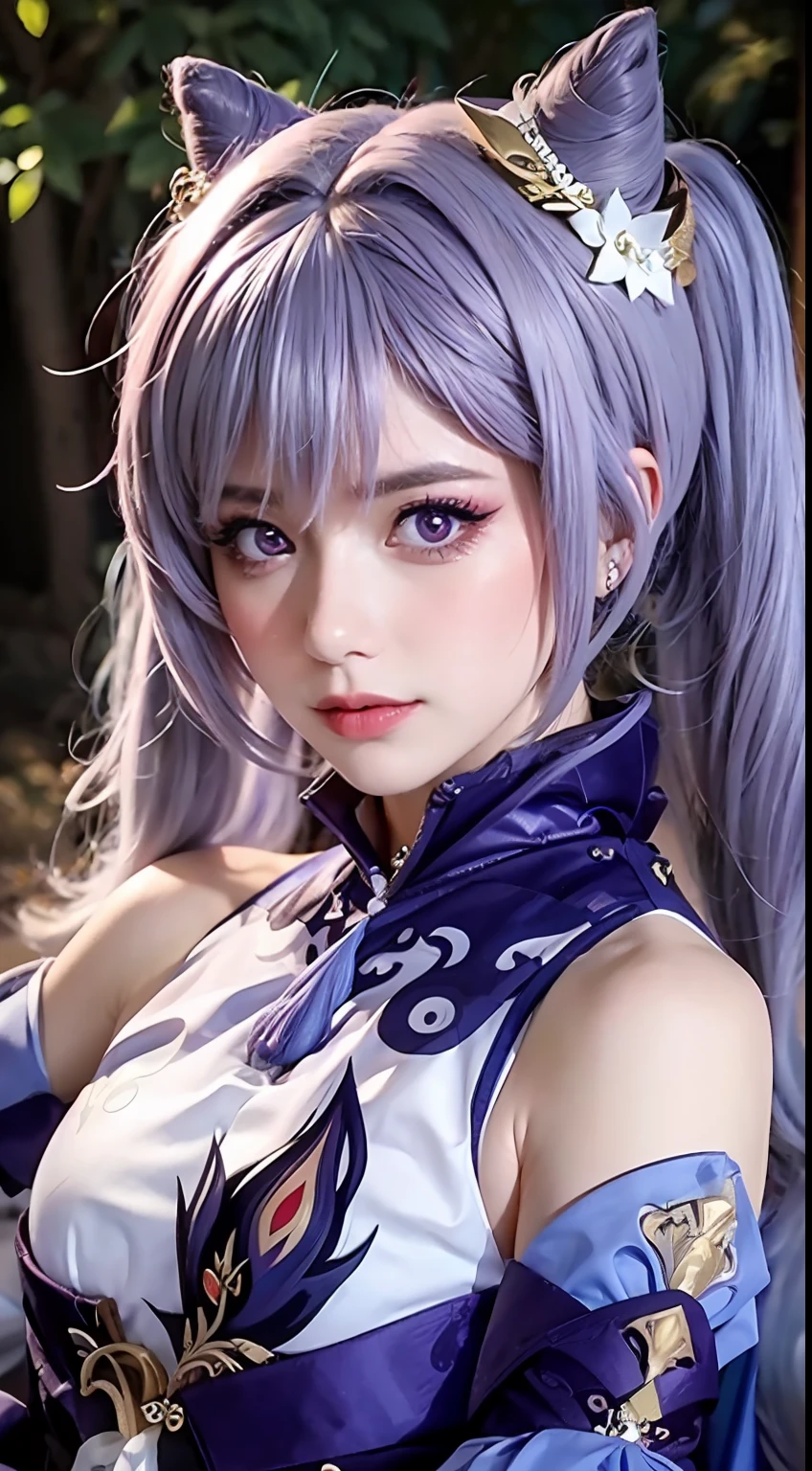 Masterpiece, Best Quality, Detail, Depth of field, ultra-realistic, realistic face and eyes, realistic skin texture, Cinematic lighting, eyes, To see your audience. 1 girl, 独奏, (frown, closed mouth), keqing_\(genshin_stroke\), Purple_eyes, purple hair, Double Ponytail, sharp eyes, serious face, gloves, black stockings, En plein air, purple lightning, Fileg, lightning glowing sword, purple lightning, upper-body, cute makeup, beatiful face, European appearance