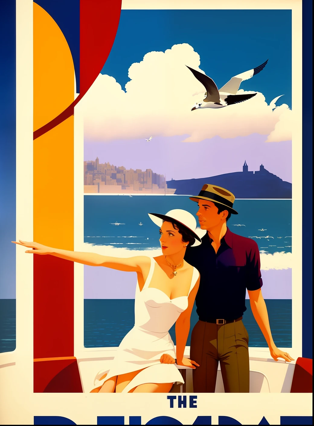 There is a poster of a couple on a boat with seagulls flying overhead., cartaz de viagem, Nelson Kenton, Directed by: Pruett Carter, angus mcbride, Laurent Durieux, Otto Schmidt, Directed by: Herbert Bayer, funil ed, Directed by: Emiliano Ponzi, inspirado em Robert Ballagh, Directed by: Robert Ballagh, Cartaz Art Deco, Joe Webb, retro poster