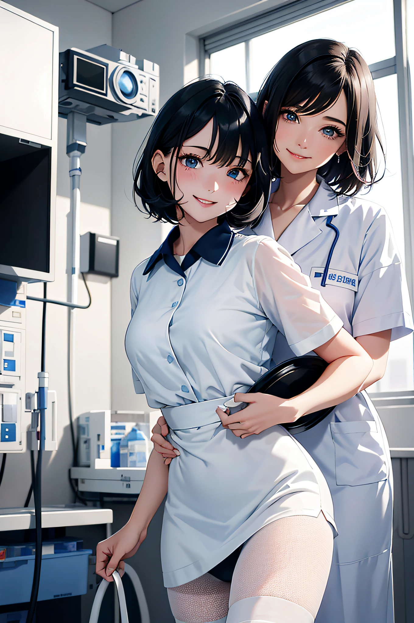 (top-quality、in 8K、32K、masterpiece、nffsw、ighly detailed、Impresionismo、Photorealsitic:1.2)、cowboy shot (hospitals、Hospital room:1.4)、deep-shadows、beauitful face、blurry backround、20-year-old beauty、shinny skin, Beautiful wavy black hair、short-hair、Blue eyes、beauitful face、blurry backround、White Nurse Uniform、Wearing mesh pantyhose、A smile、Holding the tray、Naughty smile、Curve、Dynamic Poses、Two girls、