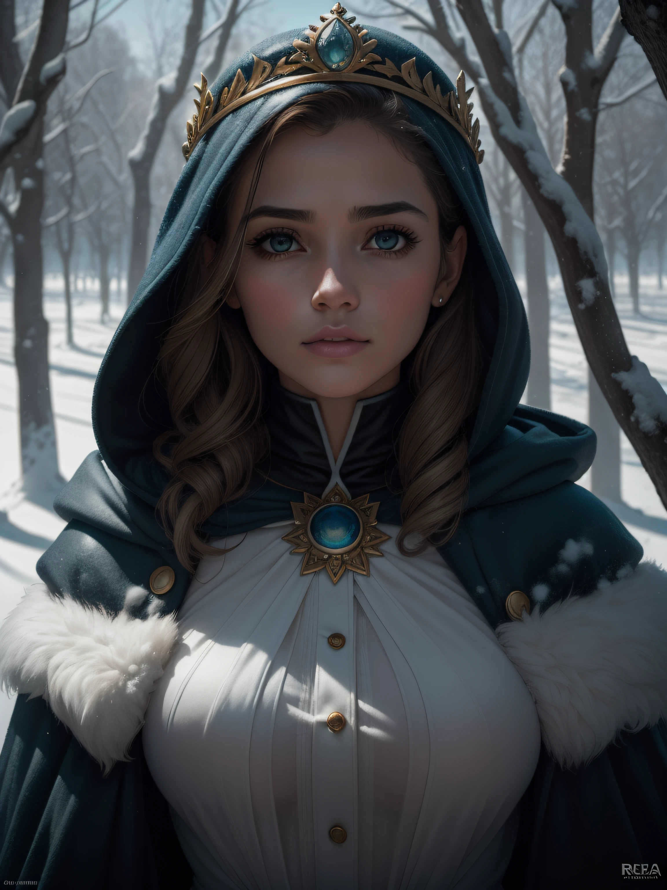 Woman with an ice tiara on her head and a navy blue winter cloak with golden details, broche de floco de neve. longos cabelos pretos. rainha do inverno, princesa elfa, retrato de uma rainha elfa, rainha elfa, princesa inverno, uma rainha elfa, artgerm em artstation pixiv, bela e elegante rainha elfa, corpo inteiro. Standing in the snow in front of a large icy castle. Personagem de RPG. Era medieval. Mulher elfa. Elfa de cabelos ruivos. Olhos azuis. Elfa da floresta. Elfa Guerreira da floresta. Elfa arqueira. Arqueira medieval. Arco e Flecha. Organic Amadura. Armadura verde musgo. soft ilumination. Standing in the middle of the forest. Floresta densa. Cogumelos bioluminescentes. fantastical setting. Luz do dia. Luz solar. realces de cores quentes. Paleta verde azul e amarelo. RPG Character design. modelo ig | artgerm, :: rossdraws, obra de arte no estilo de guweiz, extremamente detalhada artgerm. corpo inteiro, fundo detalhado de um castelo, hiper detalhado, rosto detalhado, foto sincera POV, por lee jeffries, Nikon d850, filme fotografia de estoque ,4 kodak portra 400, F1 camera lens.6, cores ricas, hiper realista, textura realista, lighting dramatic, cinestill 800 (8k, Foto RAW, melhor qualidade, obra-prima: 1.2), ultra-detalhado, (pele altamente detalhada: 1.2), 8k UHD, DSLR, soft ilumination, alta qualidade.modelo ig | artgerm, :: rossdraws, obra de arte no estilo de guweiz, extremamente detalhada artgerm. corpo inteiro, fundo detalhado de um castelo, hiper detalhado, rosto detalhado, foto sincera POV, por lee jeffries, Nikon d850, filme fotografia de estoque ,4 kodak portra 400, F1 camera lens.6, cores ricas, hiper realista, textura realista, lighting dramatic, cinestill 800