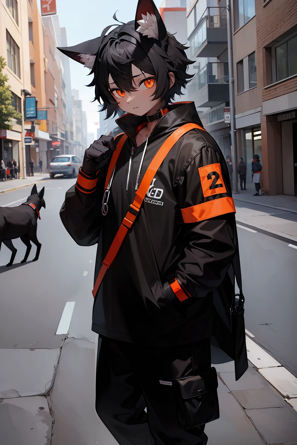 Black Humanoid Dog, Sad City, in medical clothing, red-orange eyes, Very detailed, relaxed pose, Full-length