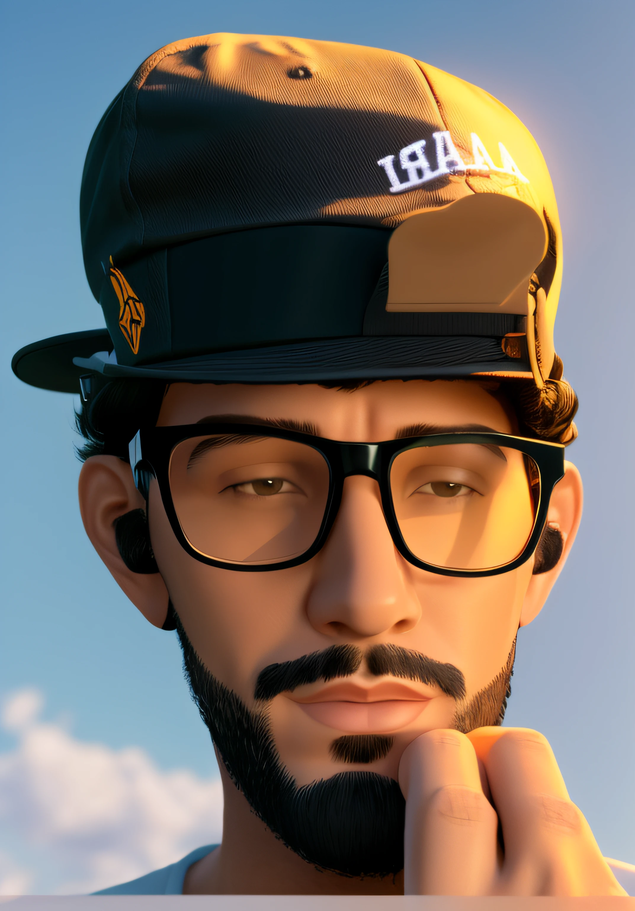 a close up of a man wearing a hat and glasses, with rap cap on head, corpo inteiro, 3D, cartoon