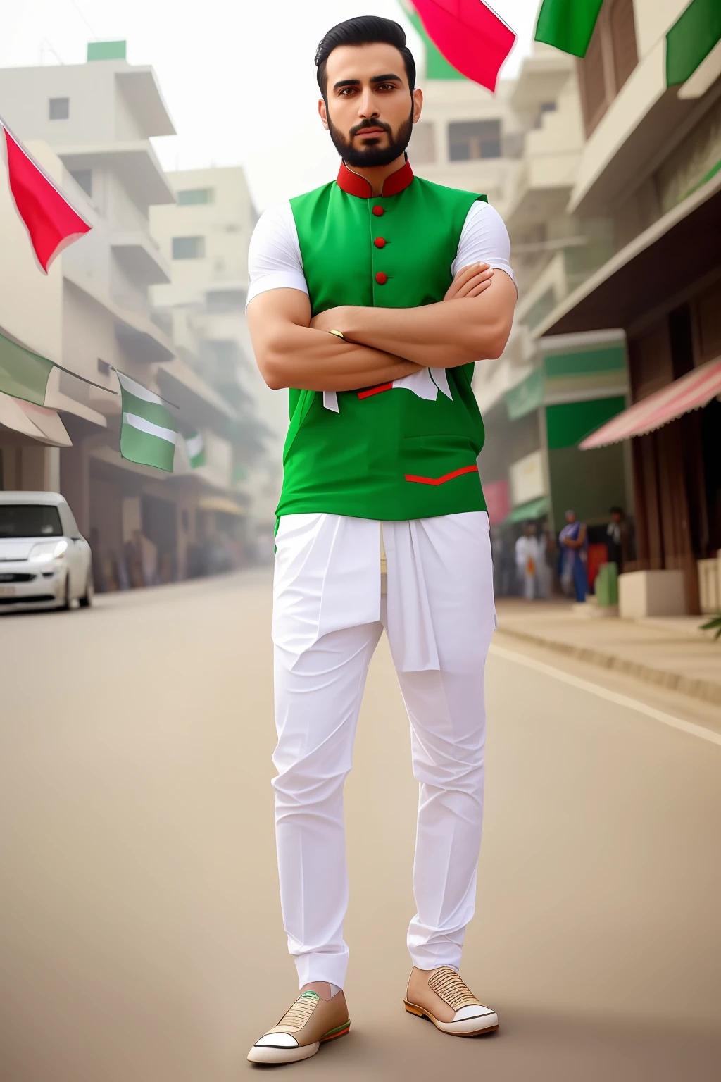 Create the perfect "Jash e Azadi" look by dressing the man in traditional Pakistani attire, such as a shalwar kameez or a kurta with a waistcoat. Accessorize with a green and white scarf or flag to represent the national colors. Place him in a well-decorated street adorned with patriotic banners and flags. Position a beautiful Pakistani car, like a classic vintage model or a modern luxury vehicle, behind him to complete the picturesque scene. Happy Independence Day! 🇵🇰