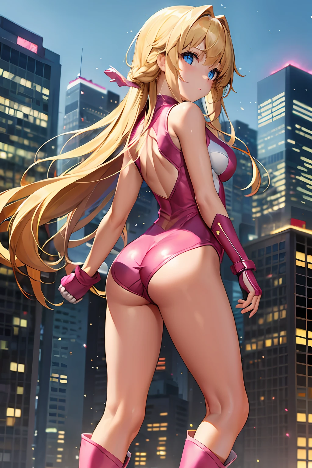 masterpiece, best quality, highres, 1girl, solo, superhero, leotard, bare legs, matching boots, sleeveless, back view, light particles, city backdrop, perfect hands, perfect eyes, medium breasts, pink leotard, standing, blonde hair, long hair, knee boots, blue eyes, cute face, hair down, bangs, pink gloves, pink footwear