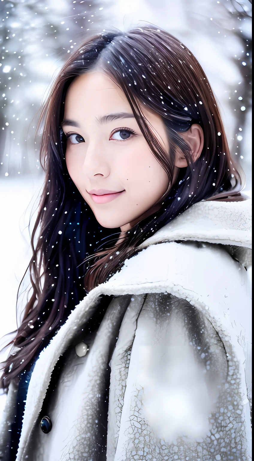 realistic photos of (1 cute Korean star) Shoulder-length hair, thin makeup, medium breasts size, wearing coat, in the snow, clear facial features, 8K high resolution, sharp and realistic details.from outside, Eye-Level Shot, f/4.0, 135mm, Fujifilm, jpeg artifacts, dithering, UHD, masterpiece