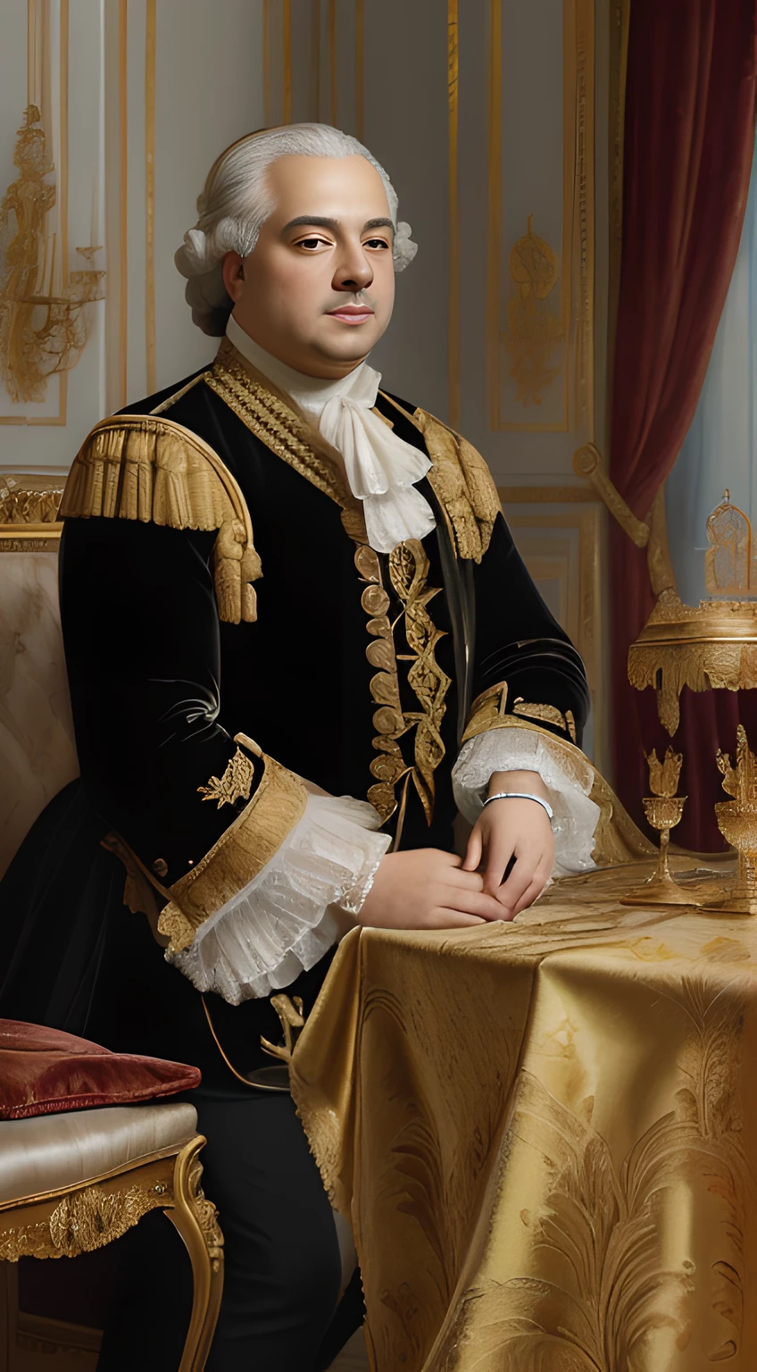 (masterpiece, high resolution, photo-realistic:1.4), King Louis XVI, 17th-century France, (solemn, regal countenance:1.2), powdered wig, royal attire, (intricate lace cravat:1.1), golden embroidery, silk waistcoat, dimly lit room, wooden furniture, antique paintings, warm candlelight, reflective, full view, looking at viewer.