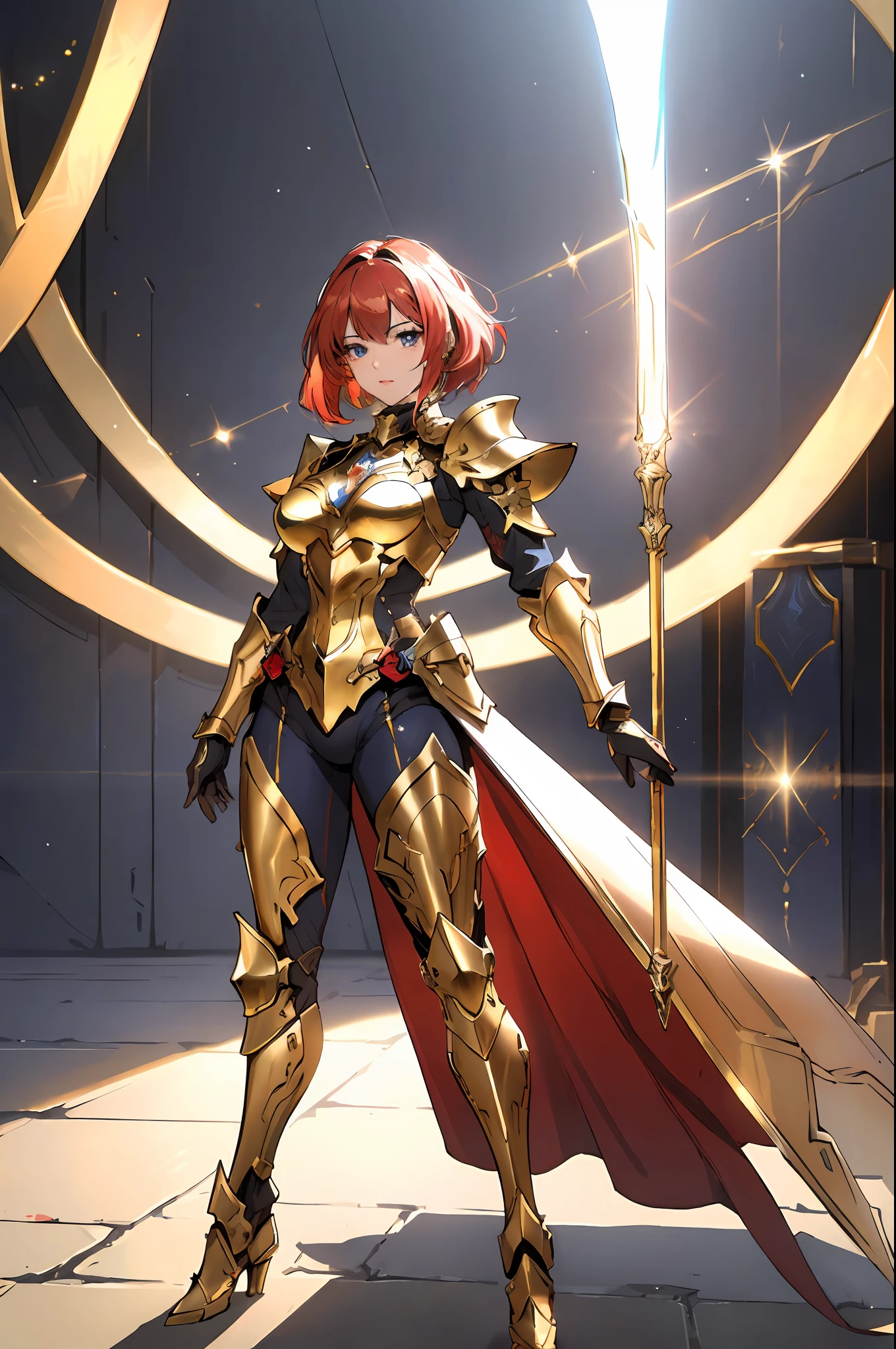 A female character dressed in a full-body suit of fantasy-style armor, with a helmet that exposes her eyes, the armor shines in a vibrant golden color, complemented by accents of red and blue, she exudes an aura of nobility, she embodies a fantasy-style armored hero with a Japanese anime-inspired design, with intricate character design and a mature artistic style, ((character concept art)), full body character drawing, metallic, high definition, best quality, ultra-detailed, extremely delicate, anatomically correct, symmetrical face, extremely detailed eyes and face, high quality eyes, creativity, RAW photo, UHD, 8k, (Natural light, professional lighting:1.2, cinematic lighting:1.5), (masterpiece:1.5)