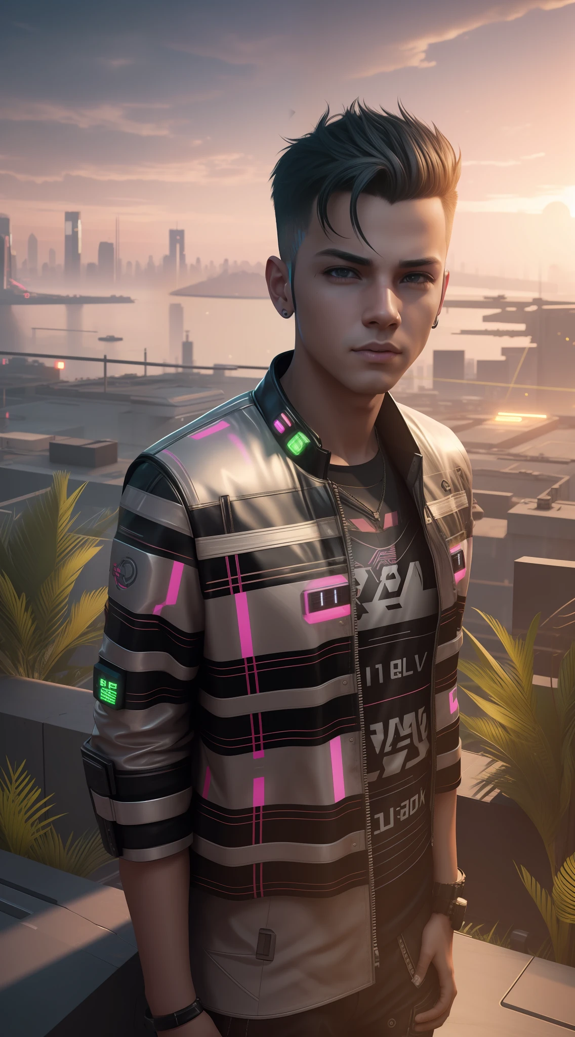Change background, cyberpunk, handsome boy, neon, toddler, ultra realistic, 8k