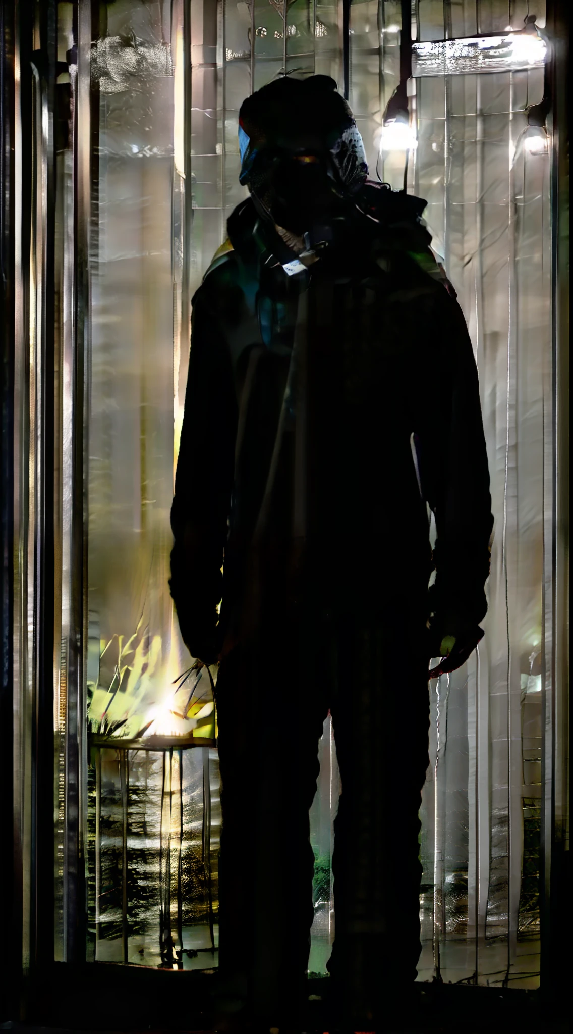 Description of an iconic scene with the character Jason Voorhees. Imagine a realistic image in which Jason Voorhees is in the darkness of the forest on a rainy night. He's wearing his classic worn-out hockey mask and holding his fearsome machete in one hand. His body is tall and imposing, and his clothes are all dirty and torn. A chuva cai pesadamente ao redor dele, creating puddles of water on the ground. Ao fundo, One can see the shadows of the shadowy trees and the rays of an occasional lightning bolt that illuminates his frightening face. The environment is surrounded by an air of mystery and terror, while Jason remains motionless, on the lookout, ready to attack anyone who dares to enter their territory.
