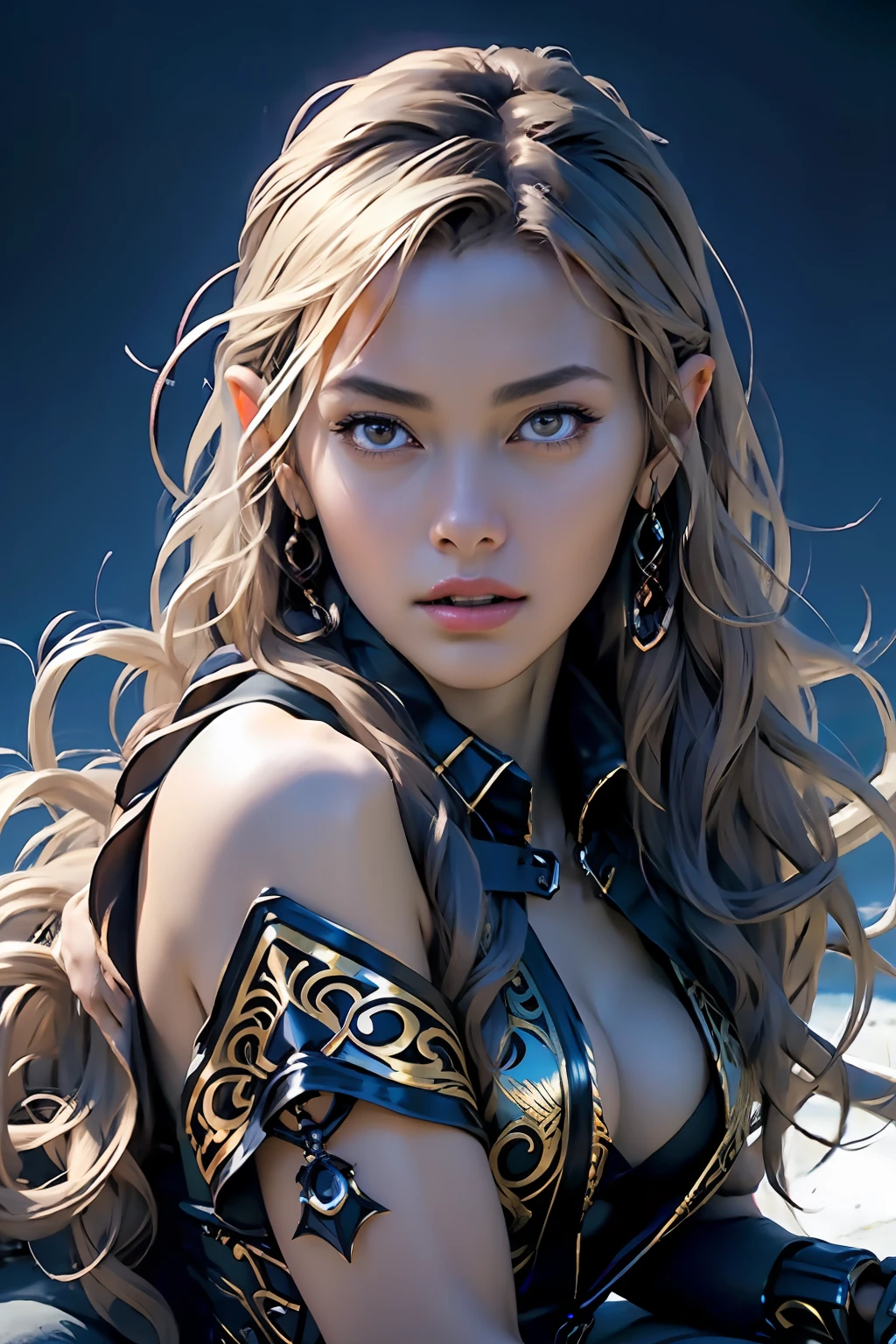 Ultra-detailed complex 3D rendering of face, (Colossal: 8.8), (masterpiece, top quality, octane rendering, 8K), glamour shot full body image, very beautiful young elf, cleavage, (very detailed skin: 1.2), (exposure: 1.1), brown-haired, ((wearing a plummeted open shirt of white silk: 1.10)), beautiful Caucasian woman with black skin with full soft breasts with big buttocks, Single, long braided hair, big breasts, dynamic angle, mystical expression, ultra-realistic photo, (((portrait)))), bare feet, futuristic urban background, facial muscles, detailed and beautiful queen gold crown, in the style of Marvel Comics, ArtStation trends, clear focus, studio photography, intricate details, very detailed, detailed red eyes, very detailed, Sharp Focus, Digital Rendering, Professional, Abs, Dark Grey Background,