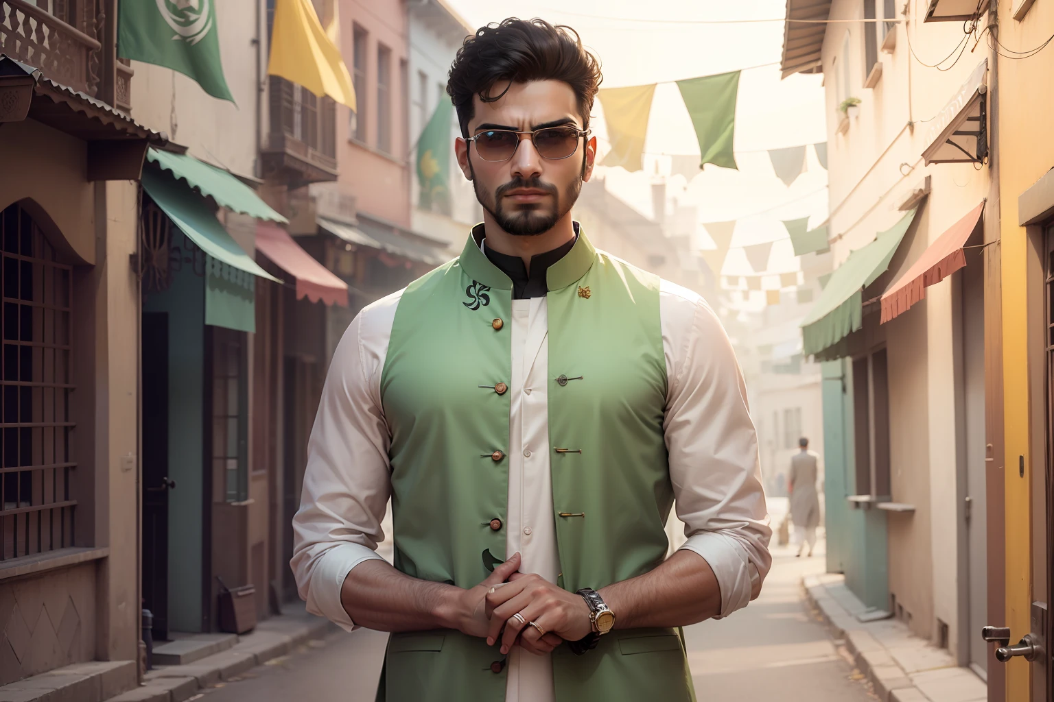 Imagine a picturesque street adorned with colorful decorations and flags to celebrate "Jash e Azadi." Dress the man in stylish yet traditional Pakistani attire, like a well-fitted shalwar kameez with a trendy waistcoat. Place him in the center of the beautifully decorated street, and behind him, position a luxurious Pakistani car that adds to the charm of the scene. Let the ambiance exude patriotism and joy as we celebrate the spirit of independence! 🇵🇰