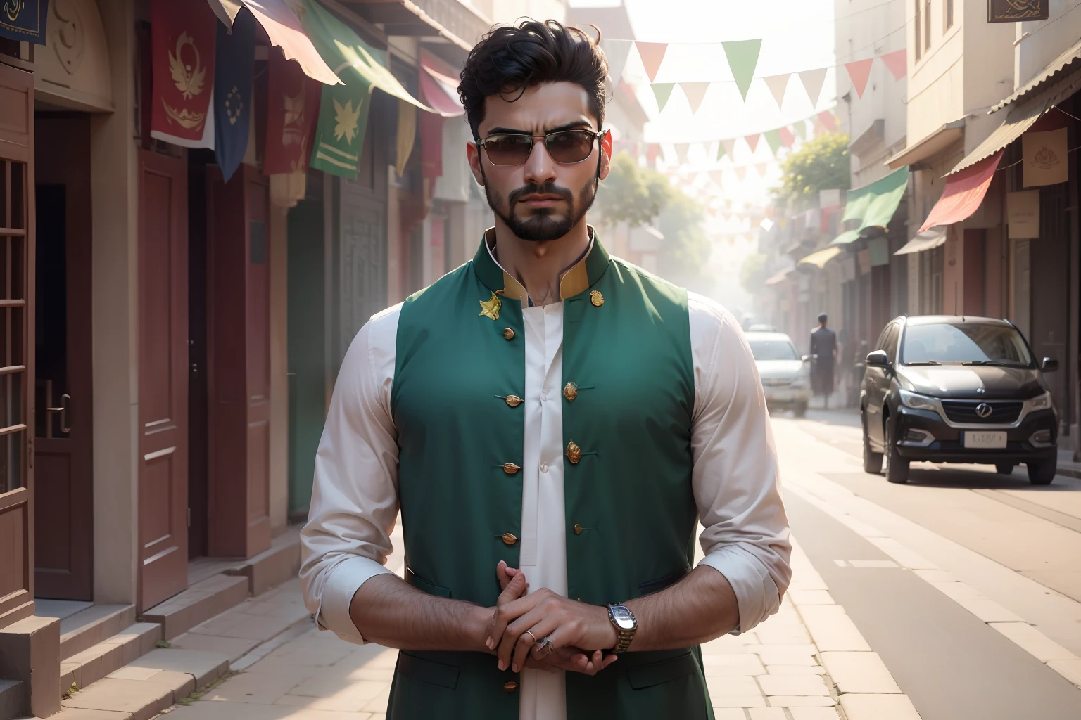 Imagine a picturesque street adorned with colorful decorations and flags to celebrate "Jash e Azadi." Dress the man in stylish yet traditional Pakistani attire, like a well-fitted shalwar kameez with a trendy waistcoat. Place him in the center of the beautifully decorated street, and behind him, position a luxurious Pakistani car that adds to the charm of the scene. Let the ambiance exude patriotism and joy as we celebrate the spirit of independence! 🇵🇰