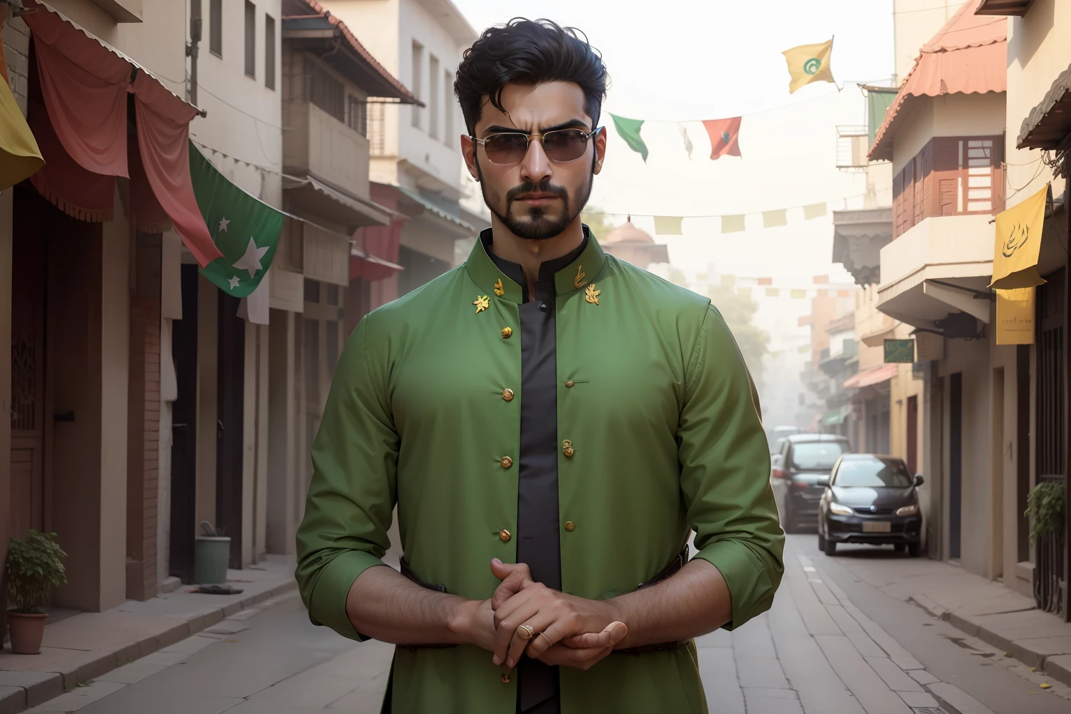 Imagine a picturesque street adorned with colorful decorations and flags to celebrate "Jash e Azadi." Dress the man in stylish yet traditional Pakistani attire, like a well-fitted shalwar kameez with a trendy waistcoat. Place him in the center of the beautifully decorated street, and behind him, position a luxurious Pakistani car that adds to the charm of the scene. Let the ambiance exude patriotism and joy as we celebrate the spirit of independence! 🇵🇰