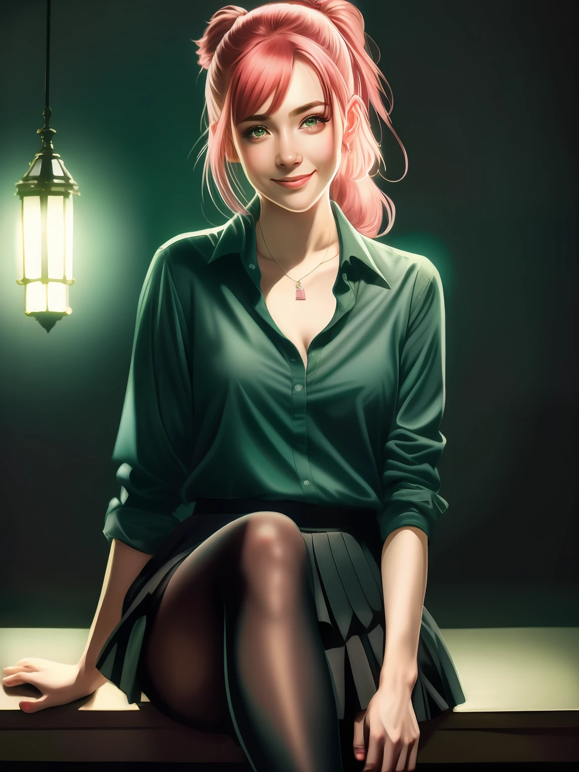 night scene, full body photo of a sexy naked girl, feet in view, posing, look at a camera and smile, standing, pink ponytail hair, (green eyes:0.8), cute young face, 18 yo, pleated skirt, button down shirt, cleavage exposed, pantyhose, no shoes,  soft volumetric lights, (backlit:1.3), (cinematic:1.3), intricate details, (ArtStation:1.2)
