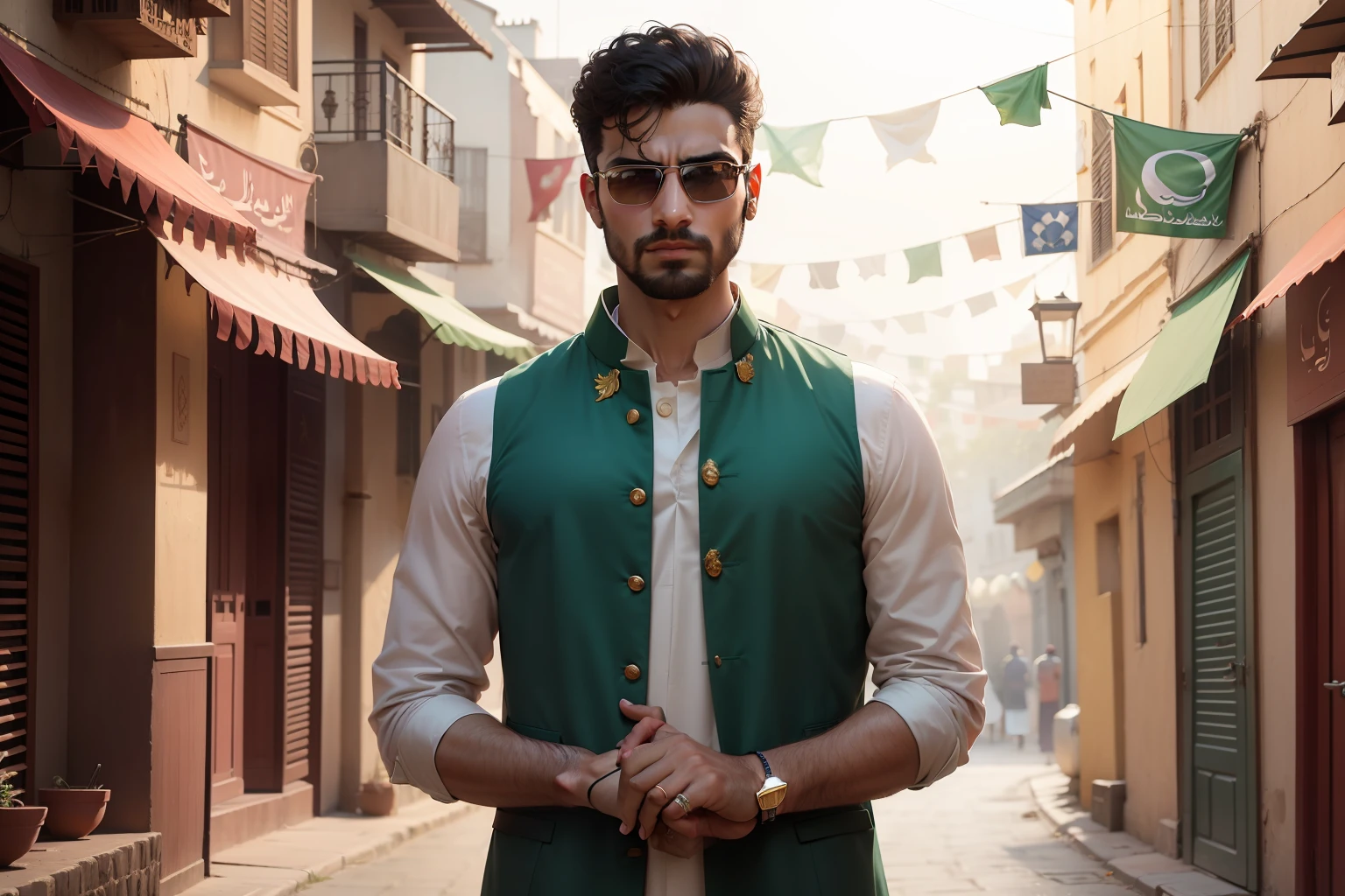 Imagine a picturesque street adorned with colorful decorations and flags to celebrate "Jash e Azadi." Dress the man in stylish yet traditional Pakistani attire, like a well-fitted shalwar kameez with a trendy waistcoat. Place him in the center of the beautifully decorated street, and behind him, position a luxurious Pakistani car that adds to the charm of the scene. Let the ambiance exude patriotism and joy as we celebrate the spirit of independence! 🇵🇰
