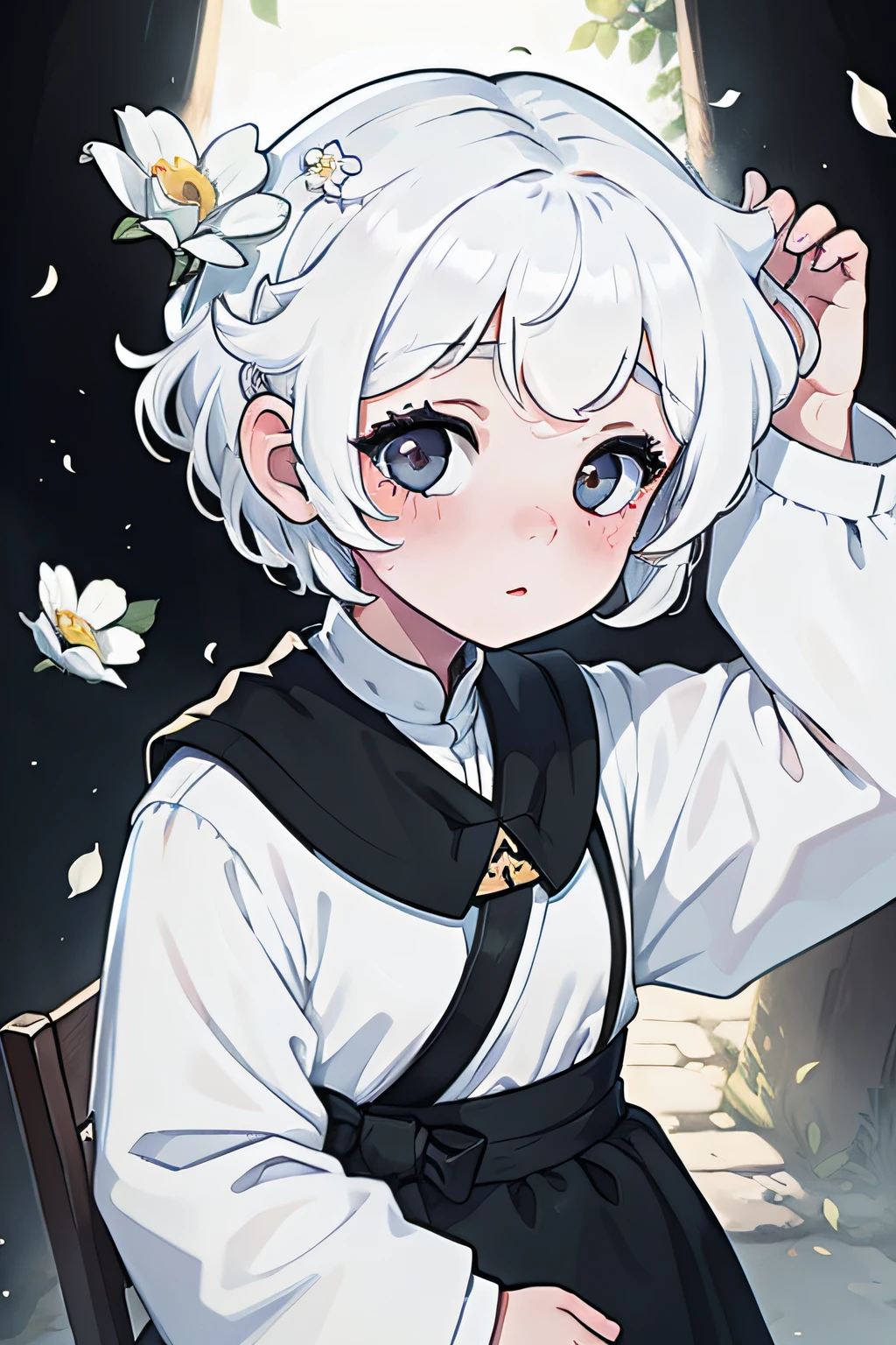 short hair girl, white, child, black clothes, flower on her head, white hair, wavy hair