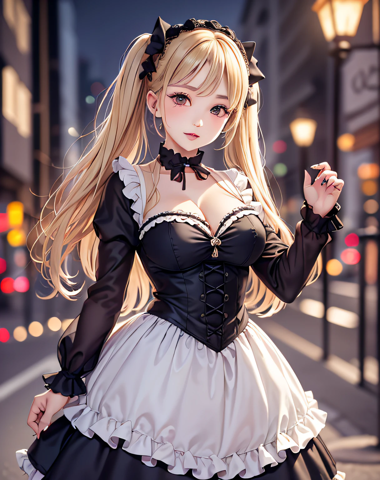 (standing on a dark street), (highway lights), (calm lighting), (night), sexy pose, (very delicate and beautiful work), (masterpiece), one girl, ((wearing in a gothic ta dress:1.37, gothic Loliashion:1.5)), very detailed and leaky waist, attractive look, beautifully clear eyes, ((blonde twin-tails hair:1.5)), delicate necklace, delicate earrings, simple blurred background, extreme detailed description, beautiful, attractive, Super fine painting, pretty face, big, big, big, big, fine body, fine collarbone, beautiful lips, smooth ass, mix4, (8k, RAW photo, top quality, masterpiece: 1.37), (realistic, realistic: 1.37), one girl, cute, cityscape, night, humidity, professional lighting, photon mapping, radiation, physics cs-based rendering