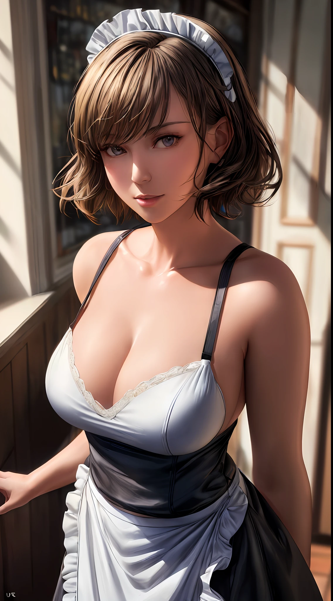 ((((masterpiece, best quality, high resolution)))), Extremely detailed 8K, Beautiful girl body, (Ultra HD, Ultra-detailed, Highly detailed, Highly realistic, Ultra-realistic, photograph realistic), (1girl:1.5), (Realistic white hair), short wavy hair, bob cut, (dynamic poses), facing at camera, purple eyes, average breasts, cleavage, blush, light smile, glow, (beautiful detailed face, beautiful detailed eyes), (maid outfit, maid apron, maid headband), (sunbeam, sunlight, rose, wind, coffee shop),